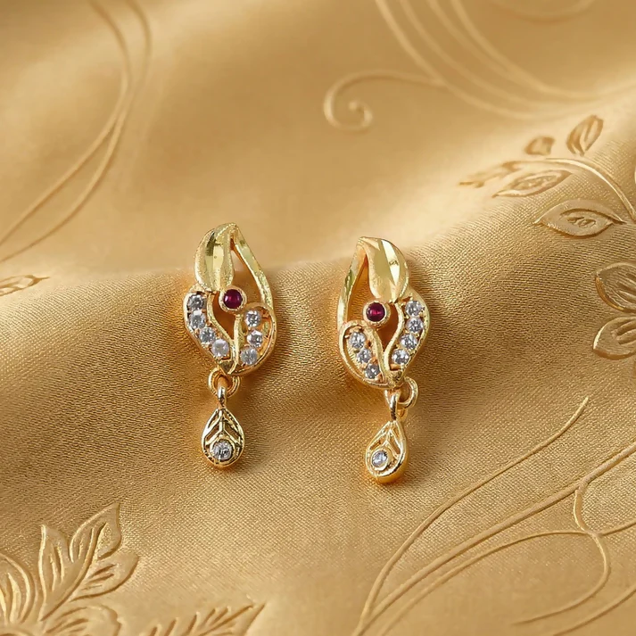Classic Gold Finish Earrings with Crystal Detailing & Red Stone - Image 2
