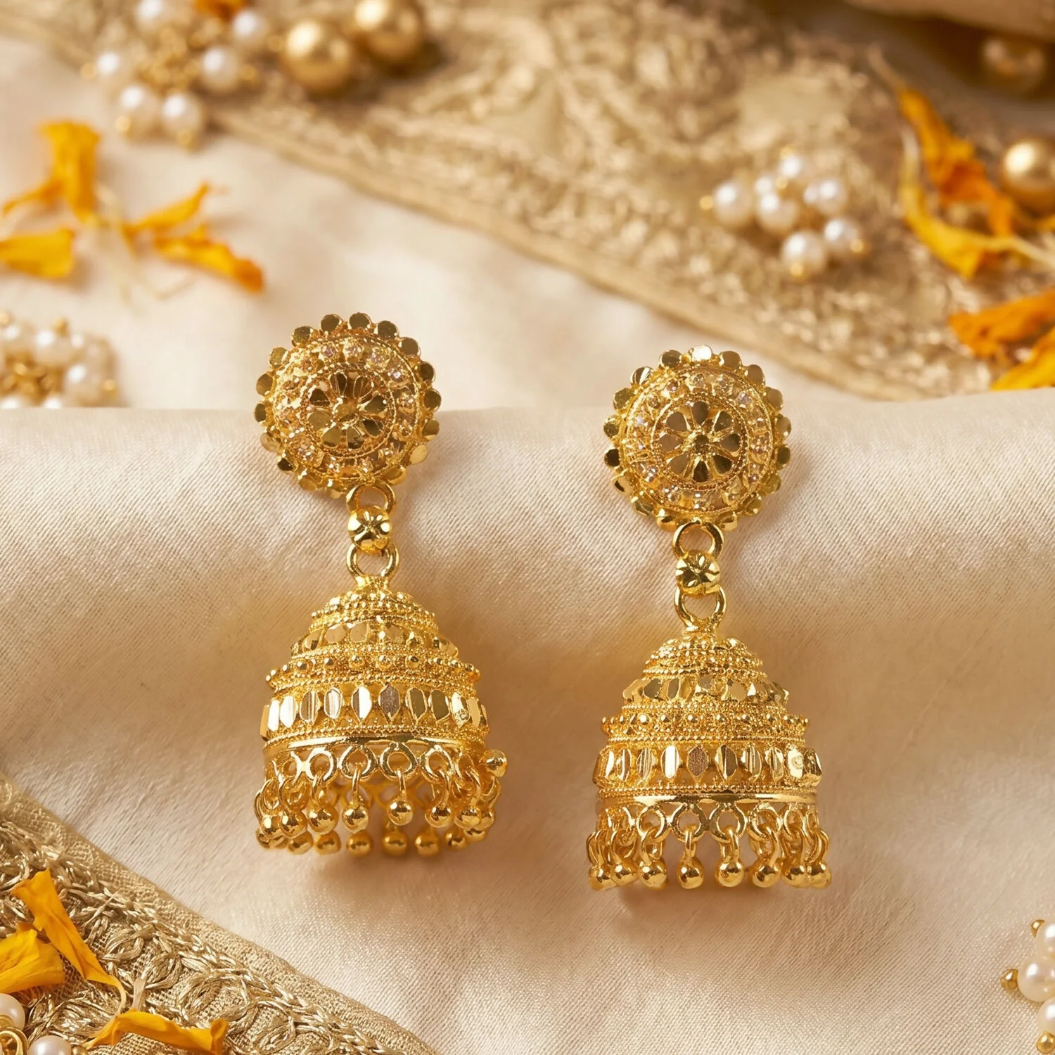 Classic Gold Jhumka Earrings with Elegant Pearl Danglers for Wedding and Cultural Events - Image 2