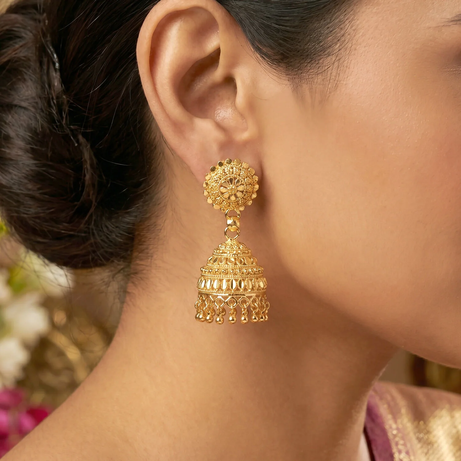 Classic Gold Jhumka Earrings with Elegant Pearl Danglers for Wedding and Cultural Events - Image 3