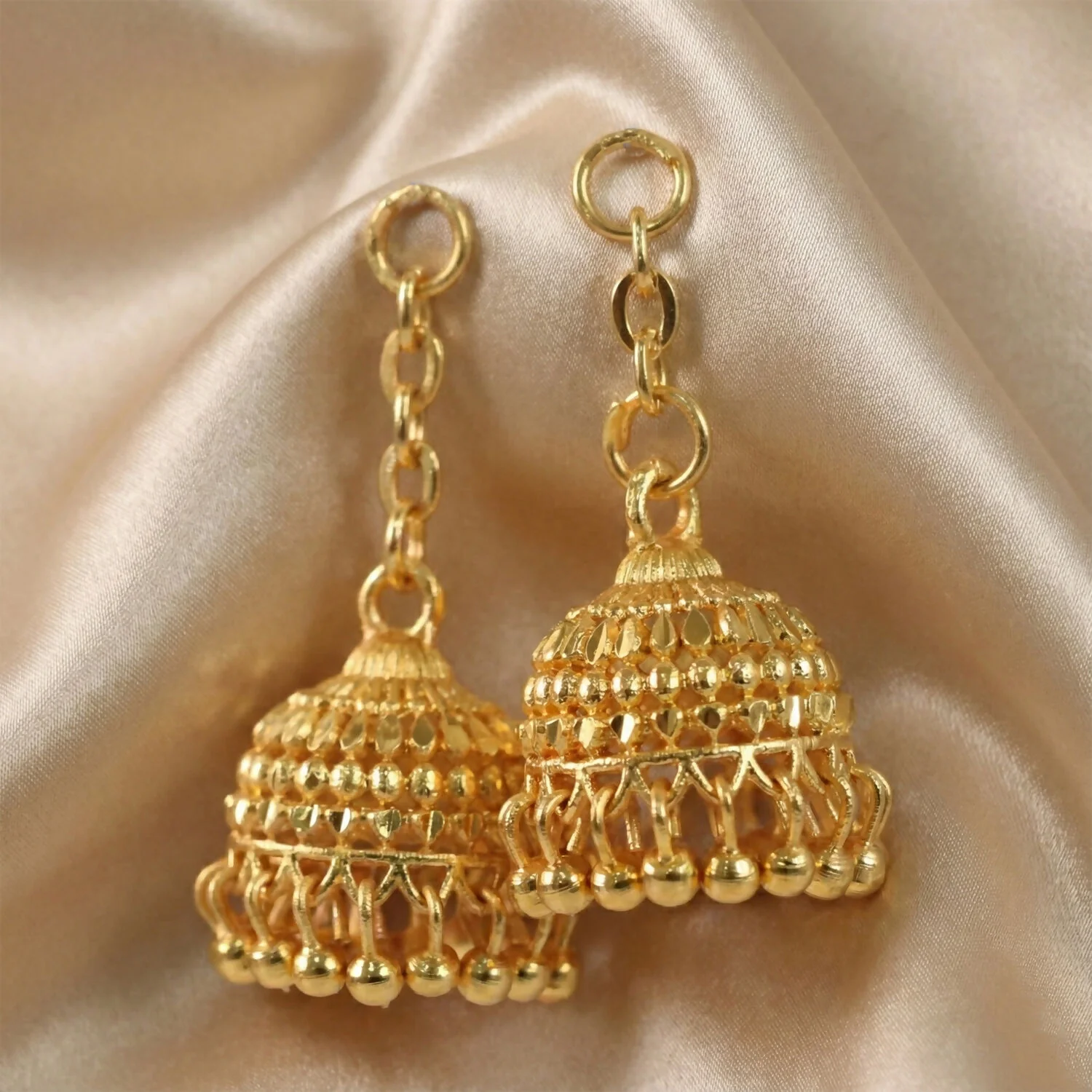 Classic Gold-Plated Jhumka with Layered Dome and Bead Detailing - Image 2