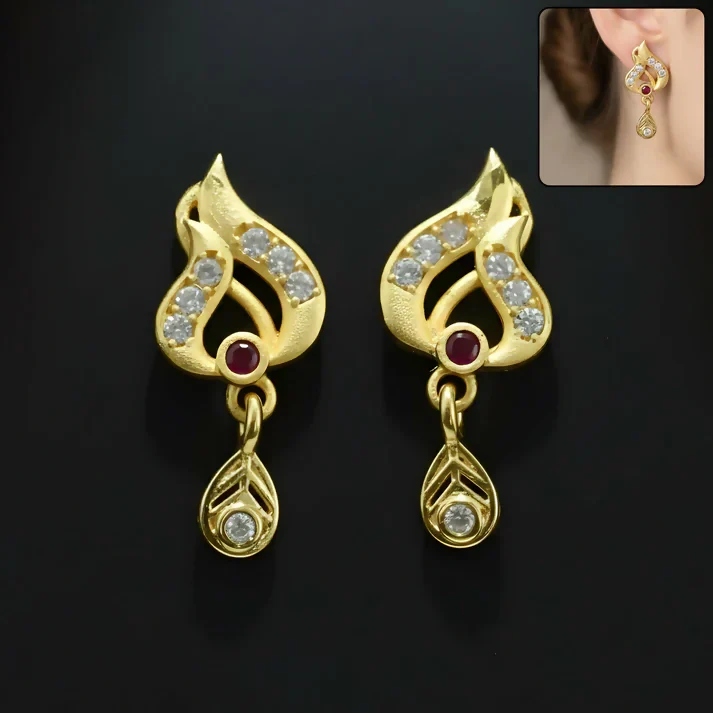 Classic Gold Tone Designer Leaf Earrings With Ruby Accent And Graceful Hanging Drop - Image 2