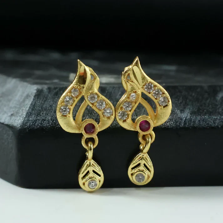 Classic Gold Tone Designer Leaf Earrings With Ruby Accent And Graceful Hanging Drop - Image 3