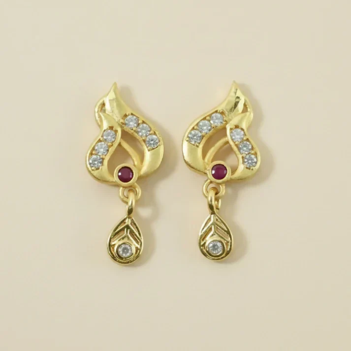 Classic Gold Tone Designer Leaf Earrings With Ruby Accent And Graceful Hanging Drop - Image 5
