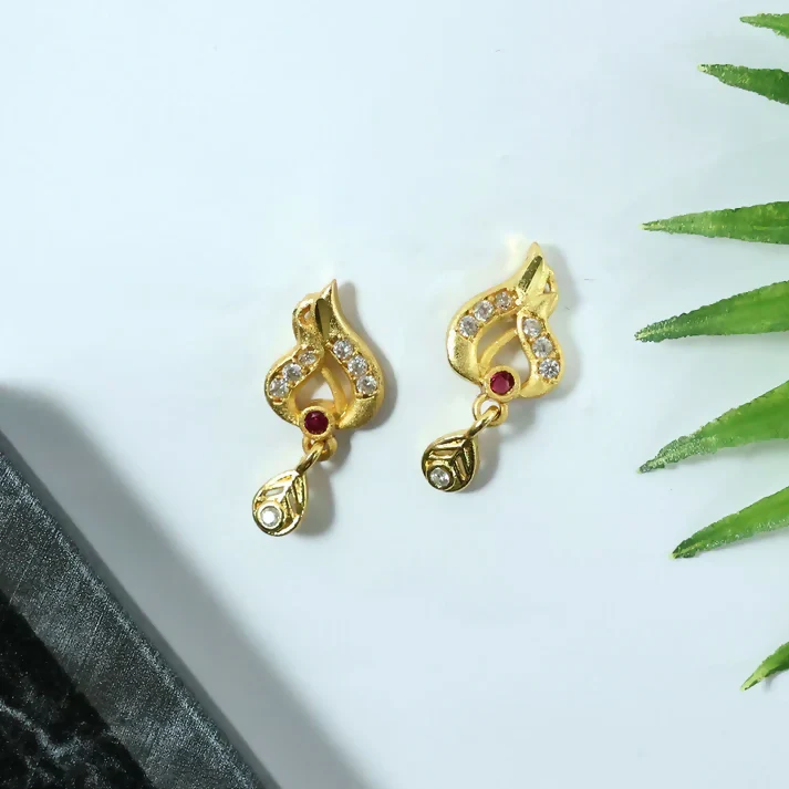 Classic Gold Tone Designer Leaf Earrings With Ruby Accent And Graceful Hanging Drop - Image 6