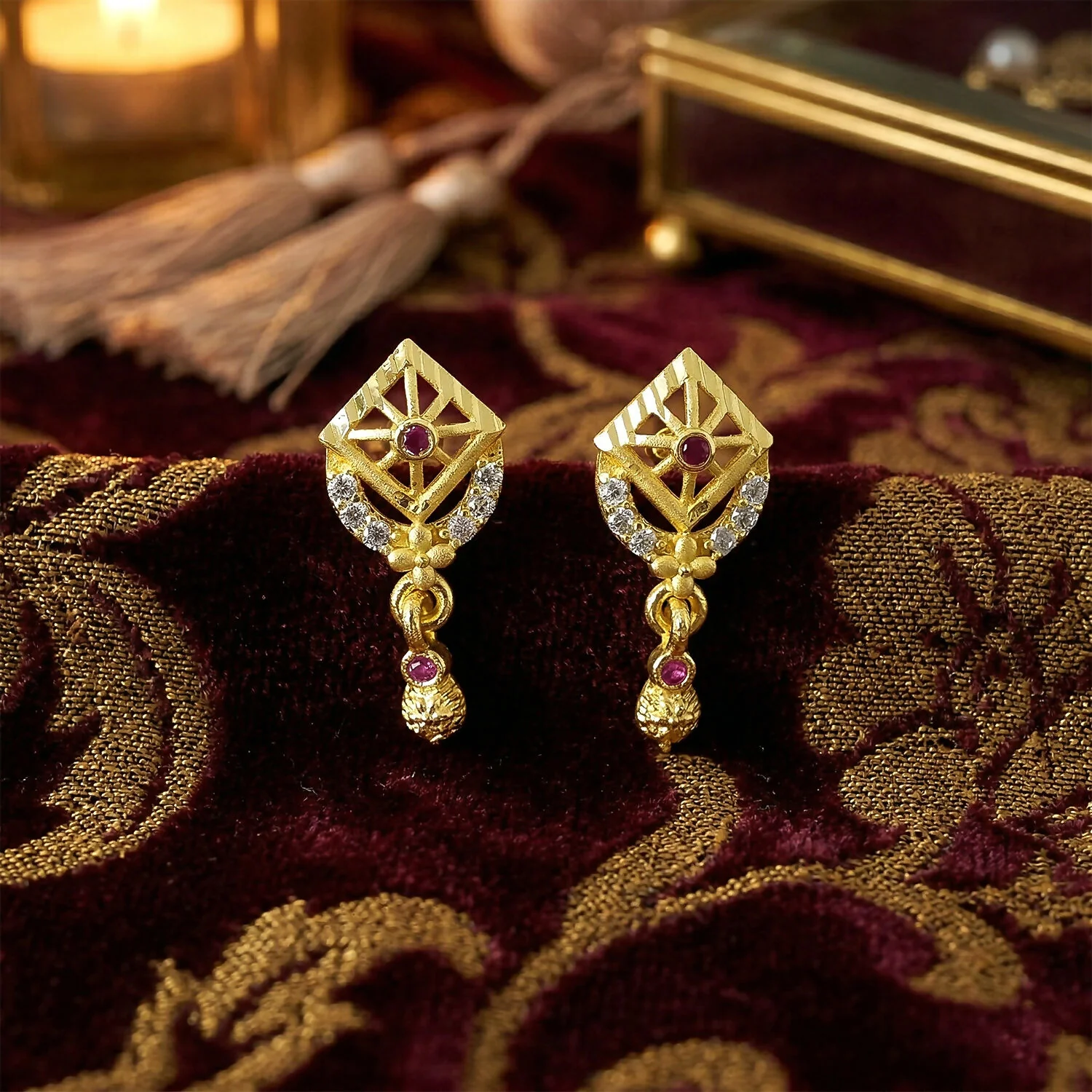 Classic Leaf Pattern Gold Plated Drop Earrings for Ethnic Wear - Image 2