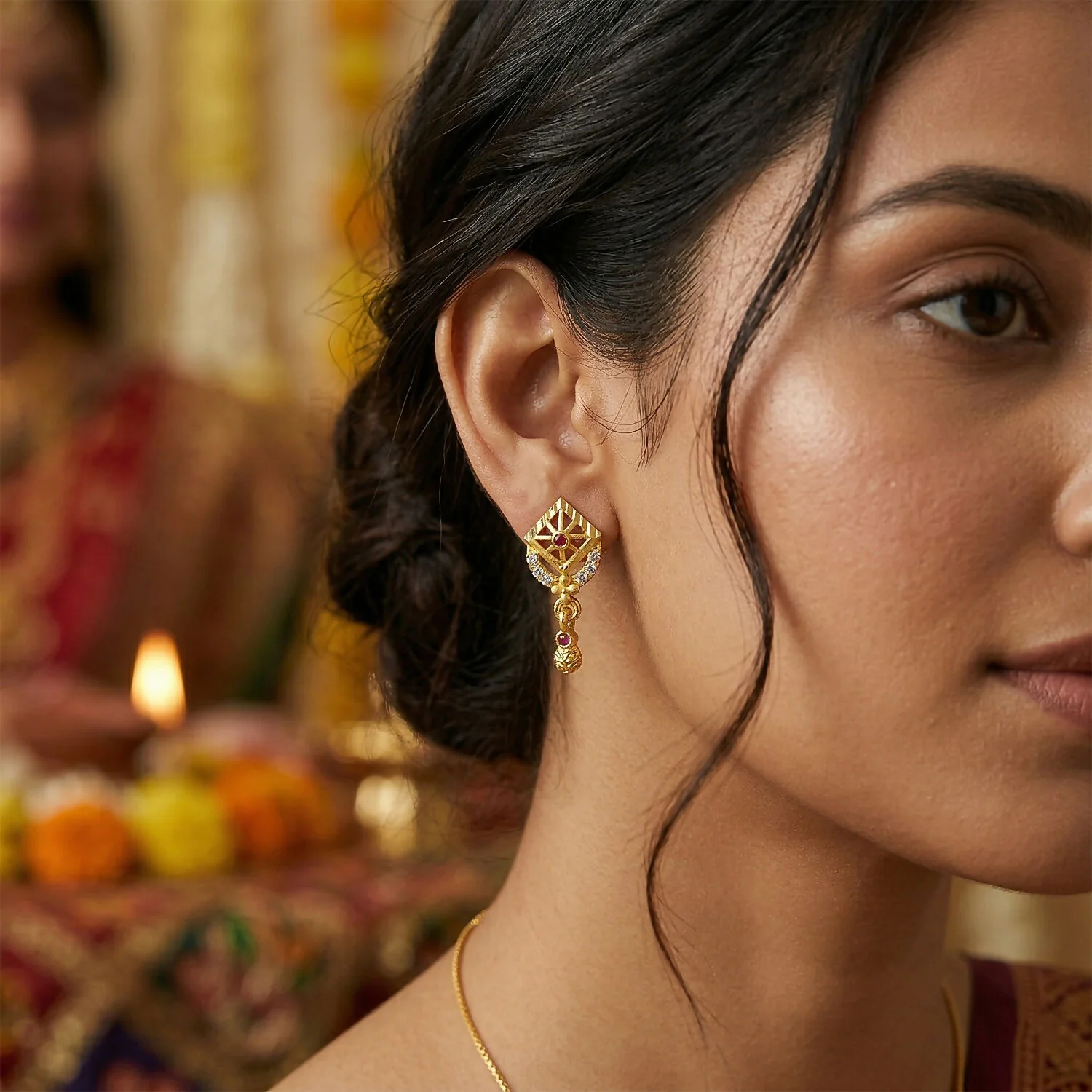 Classic Leaf Pattern Gold Plated Drop Earrings for Ethnic Wear - Image 3