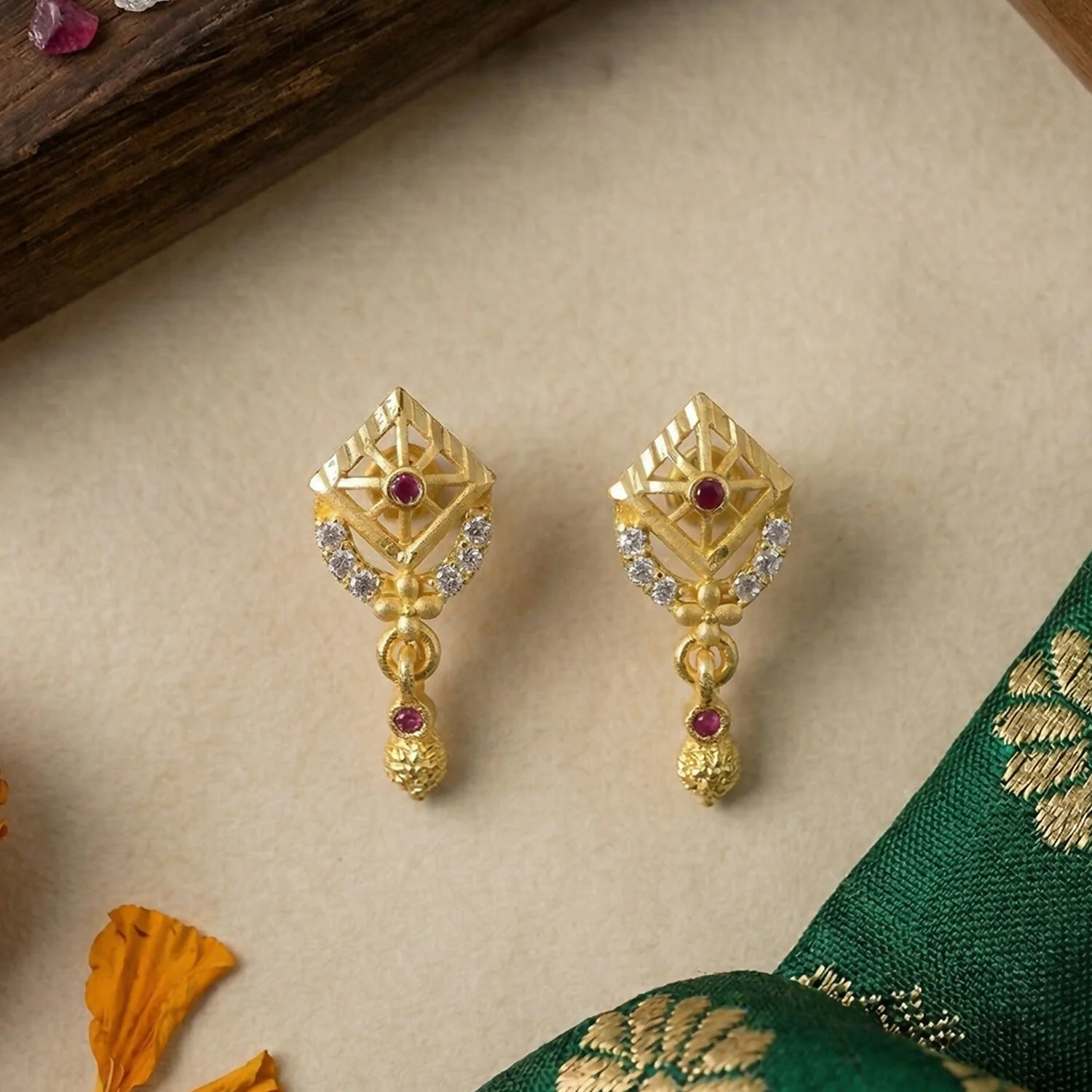 Classic Leaf Pattern Gold Plated Drop Earrings for Ethnic Wear - Image 4