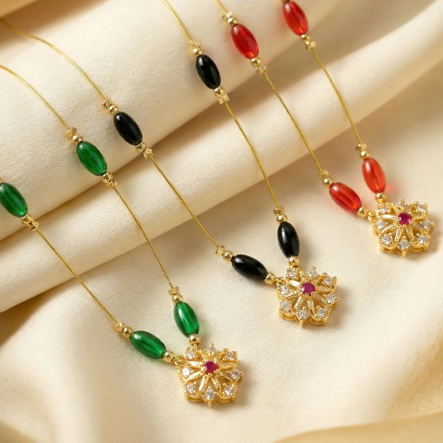 Classic Multicolor Bead Necklace with Floral Drop Pendant - Image 2