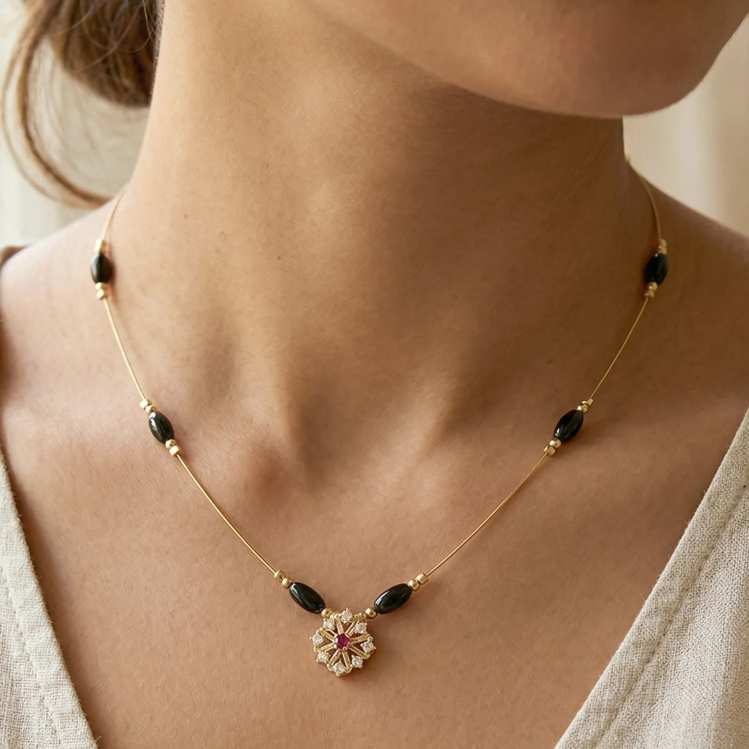Classic Multicolor Bead Necklace with Floral Drop Pendant - Image 4