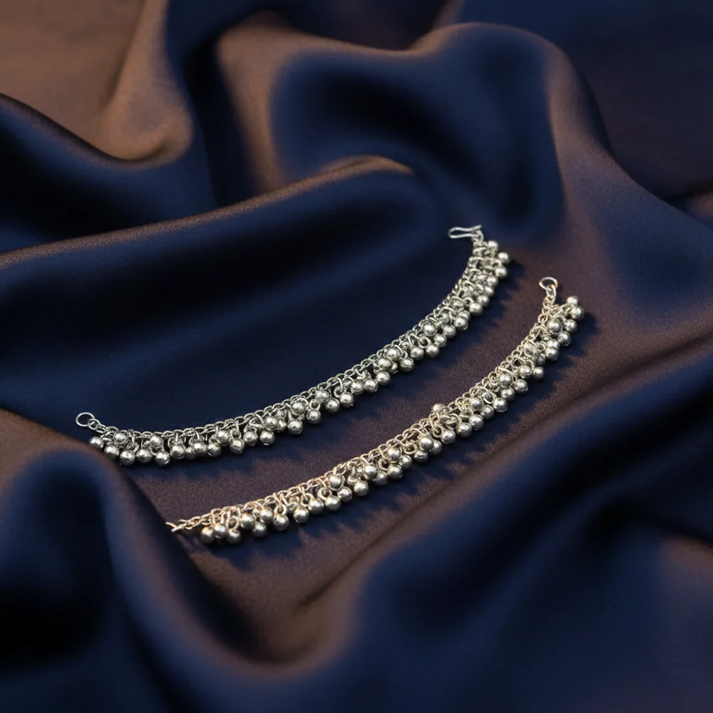 Classic Oxidised Silver Ghungroo Kaan Chain - Image 4