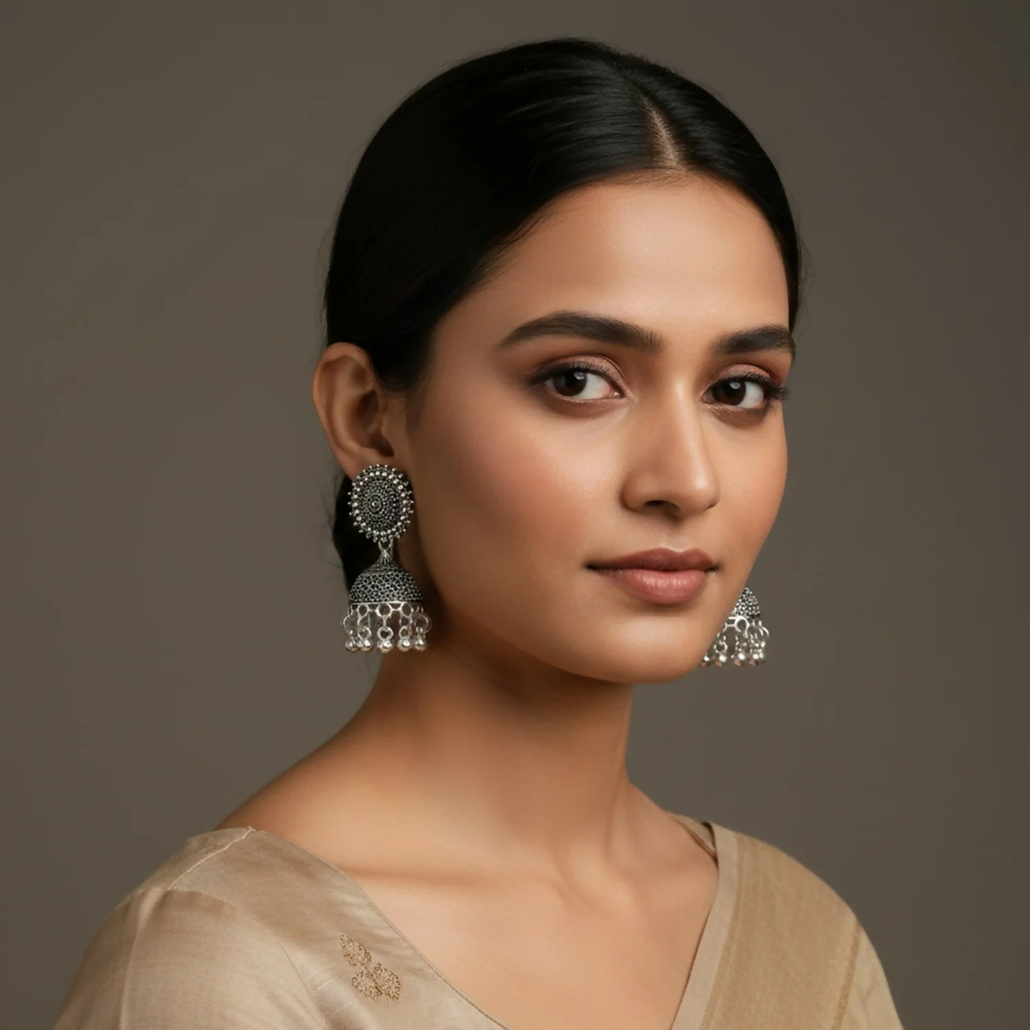 Classic oxidised Silver Jhumka Earings With Round Stud - Image 2