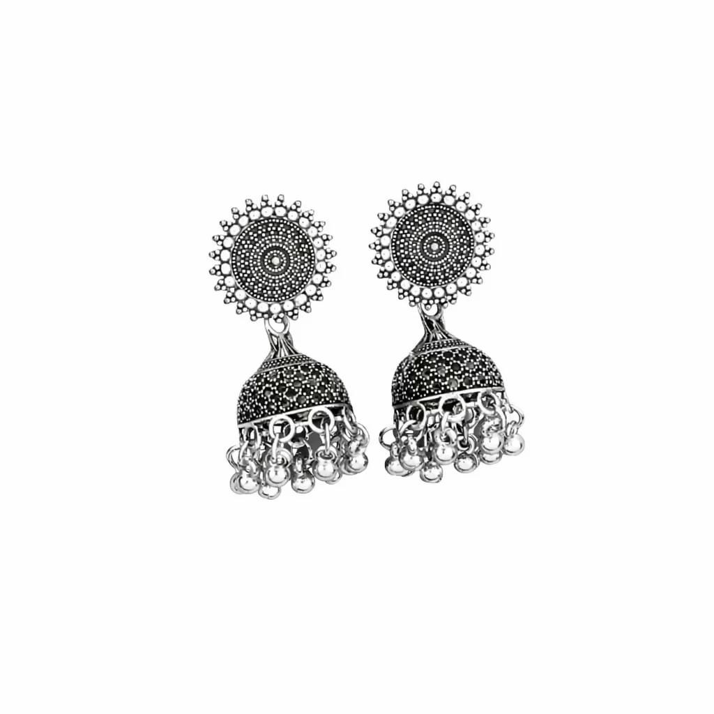 Classic oxidised Silver Jhumka Earings With Round Stud - Image 3