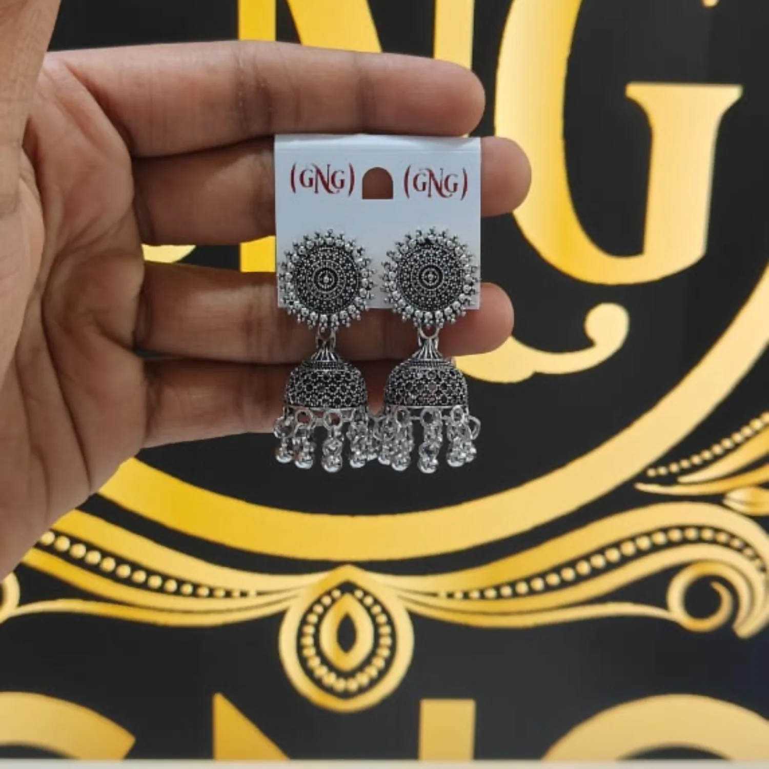 Classic oxidised Silver Jhumka Earings With Round Stud - Image 4