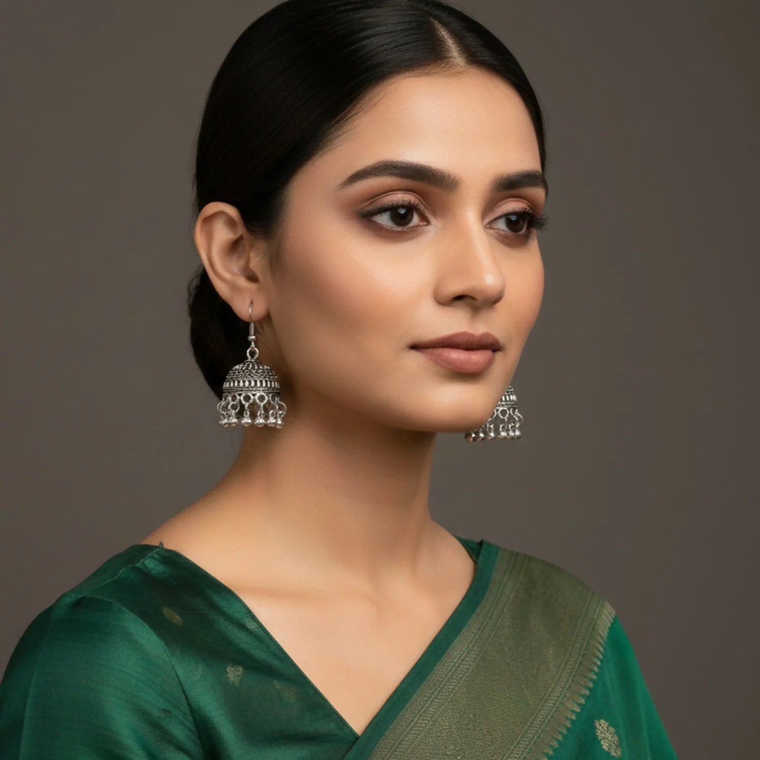 Classic Oxodised Silver Hook Jhumka Earrings - Image 2