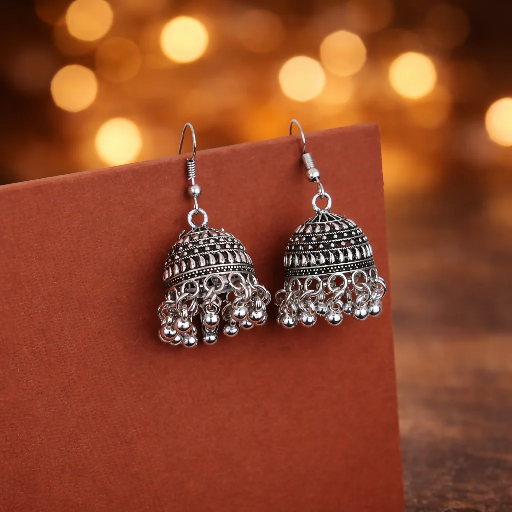 Classic Oxodised Silver Hook Jhumka Earrings - Image 3