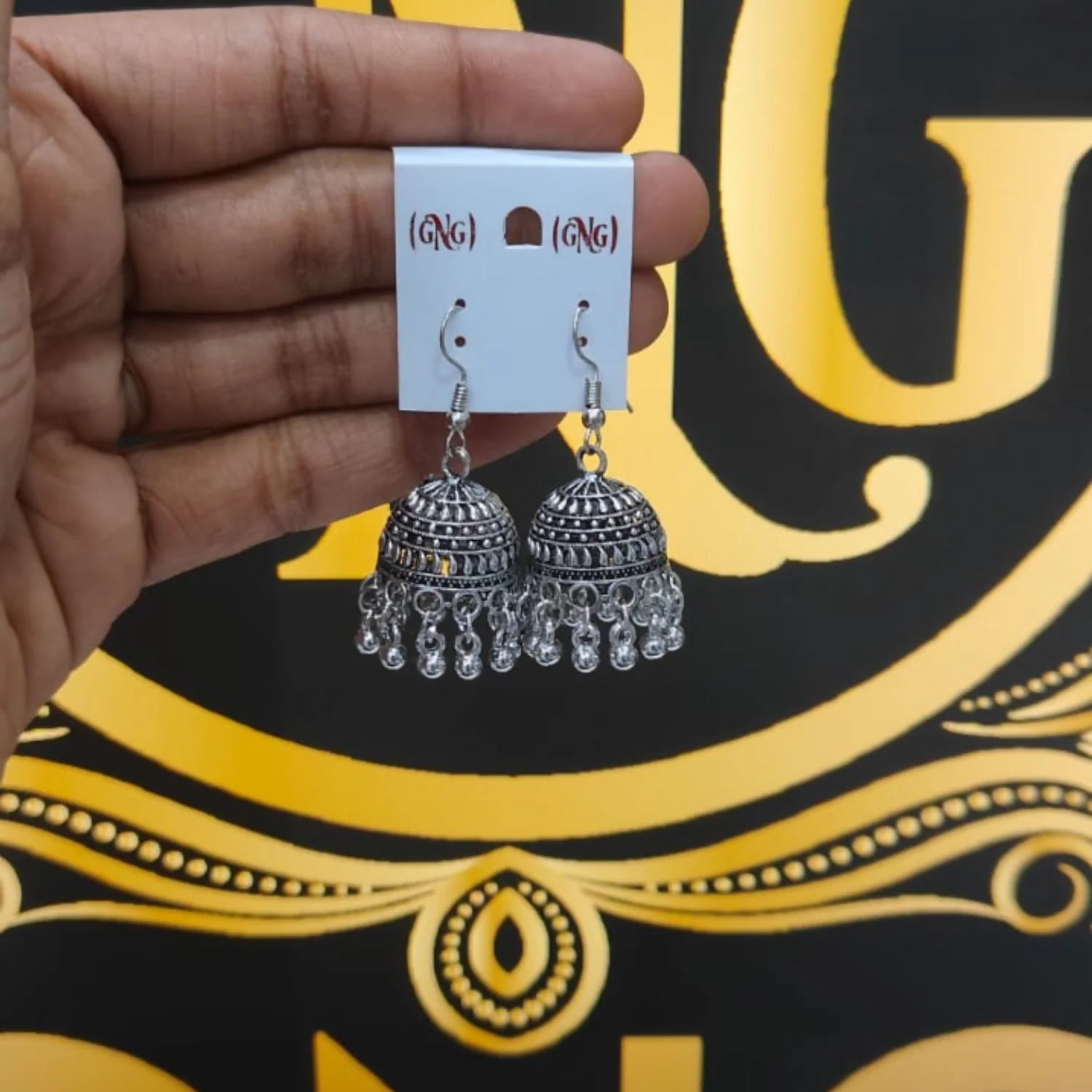 Classic Oxodised Silver Hook Jhumka Earrings - Image 4
