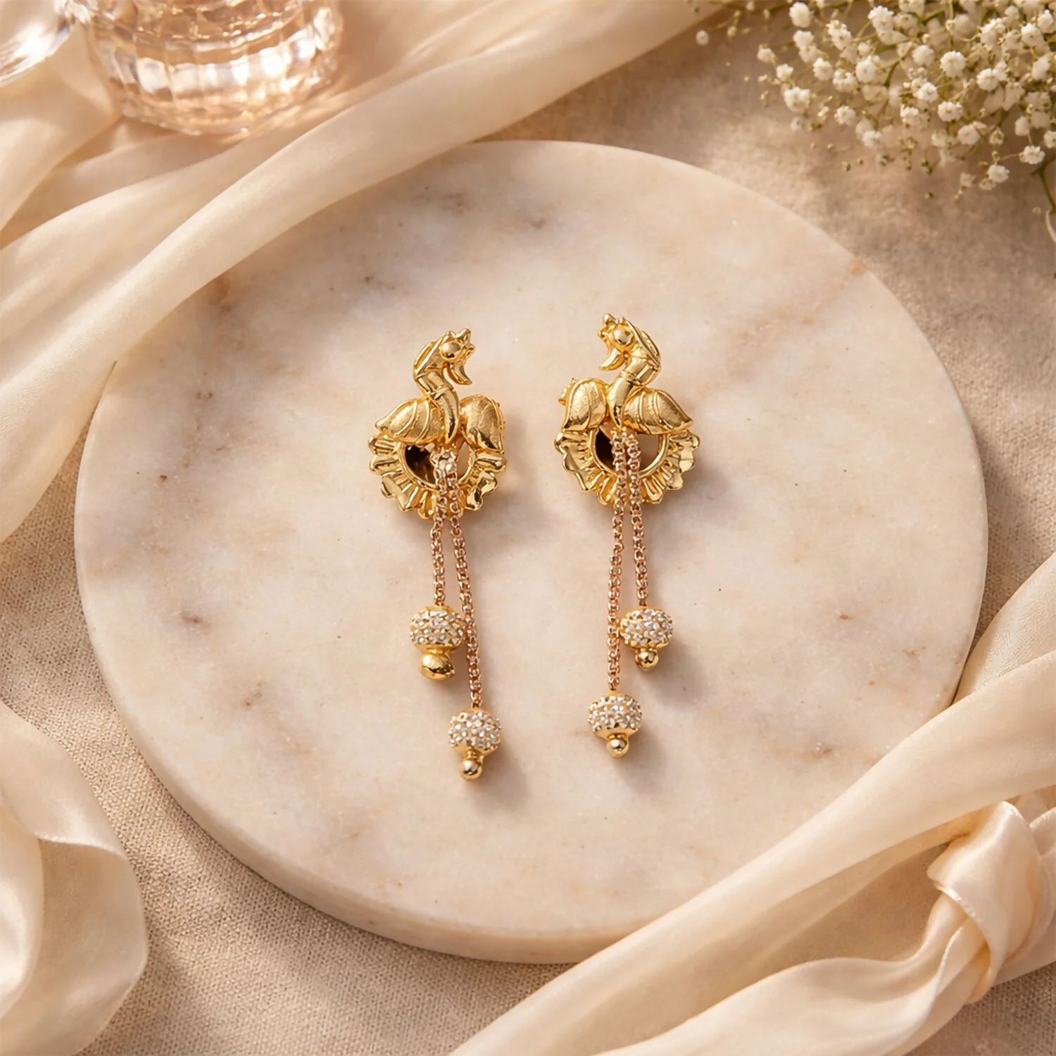 Classic Peacock Gold-Plated Dangling Earrings for Festive Wear (2 Pair) - Image 3