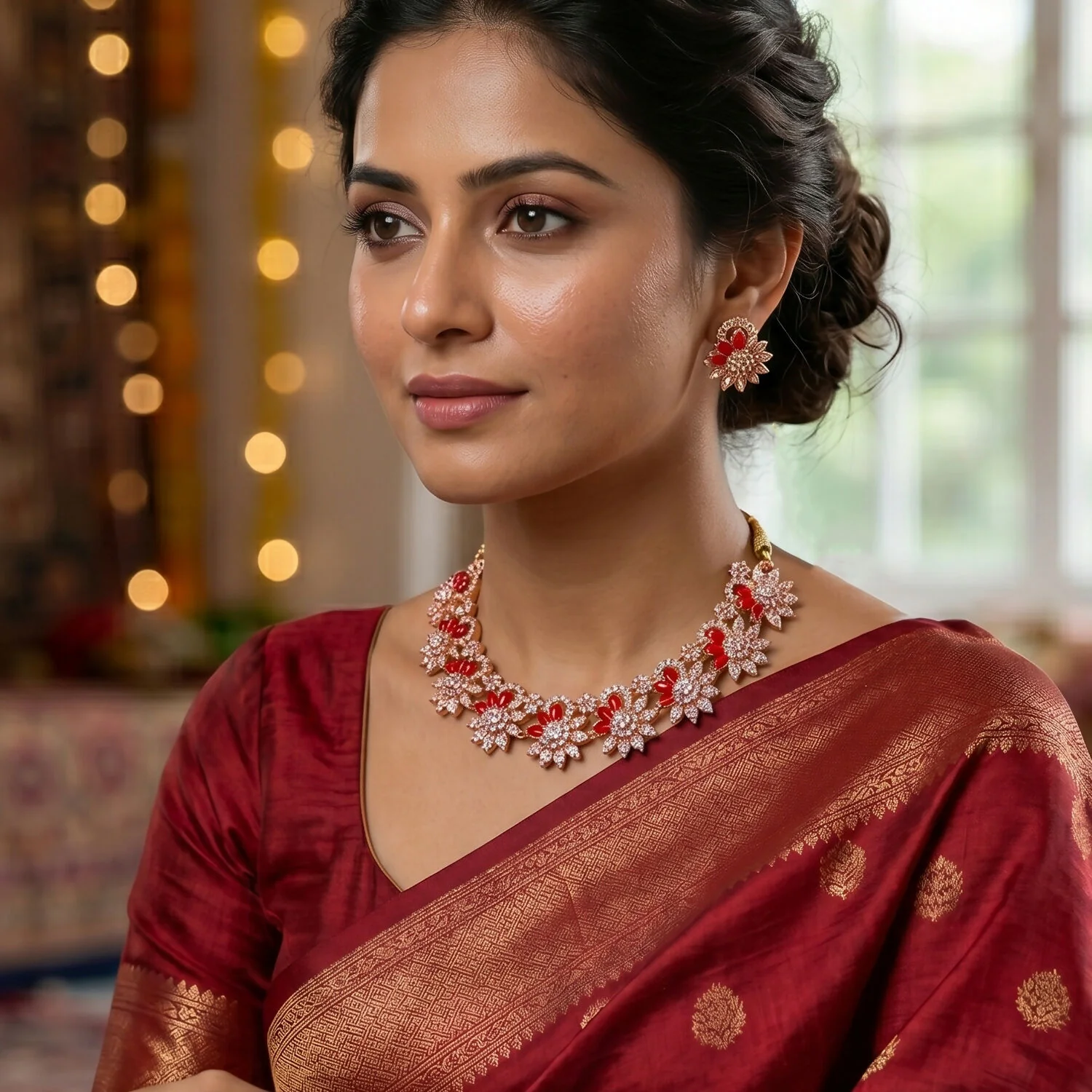 Classic Red Stone Floral Necklace Set with Matching Earrings for Women - Image 2