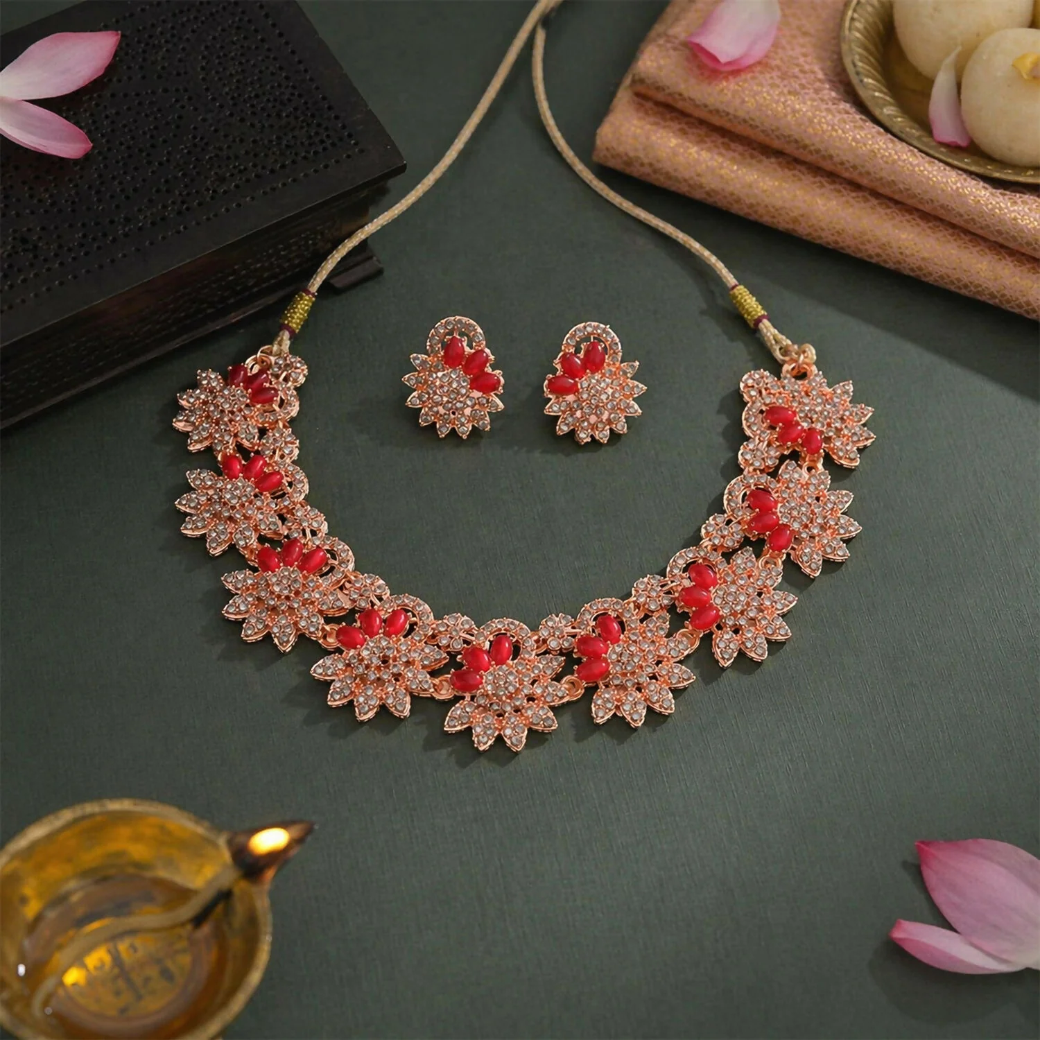 Classic Red Stone Floral Necklace Set with Matching Earrings for Women - Image 3