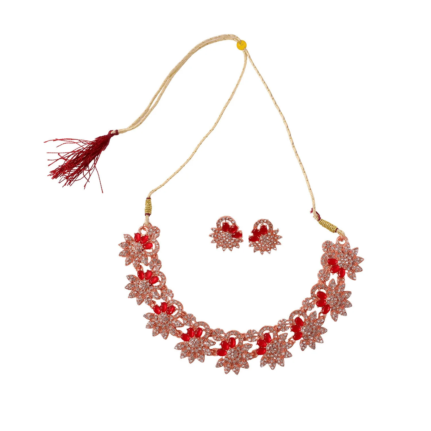 Classic Red Stone Floral Necklace Set with Matching Earrings for Women - Image 5