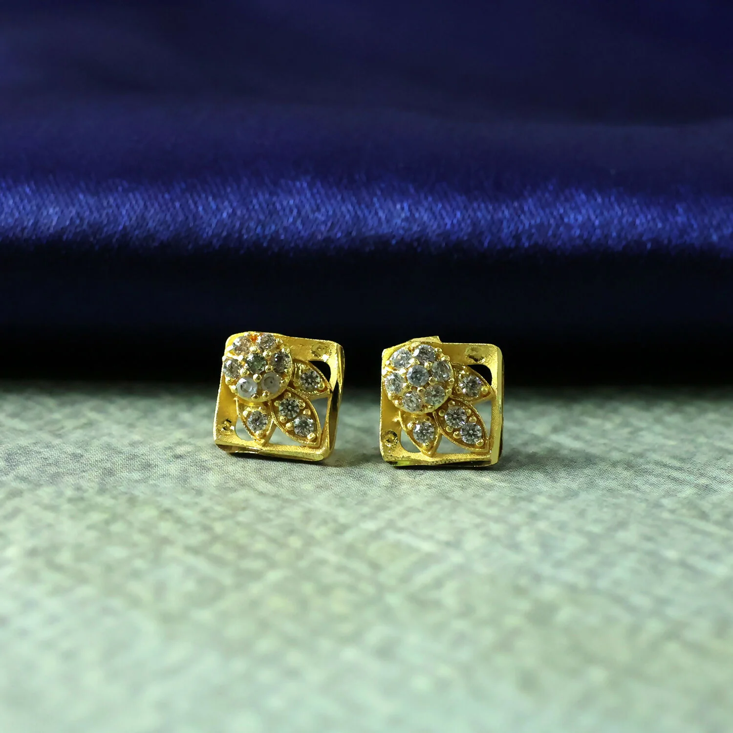 Classic Round Floral Gold Stud Earrings with Stone Work - Image 4