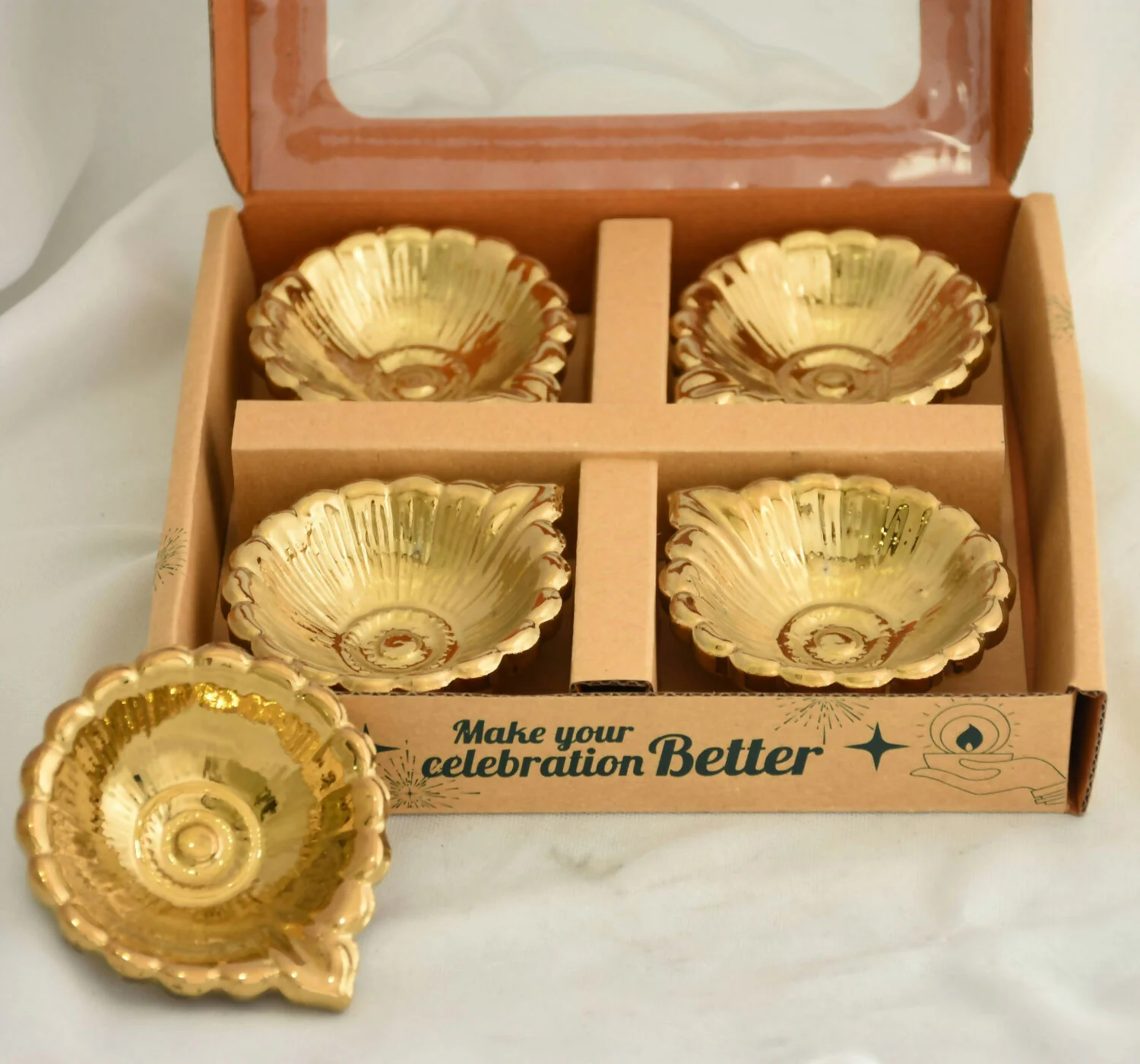 Classic Round Petal Design Decorative Ceramic Diya with Gold PVD Plating & Metallic Finish (4 Pc) - Image 5