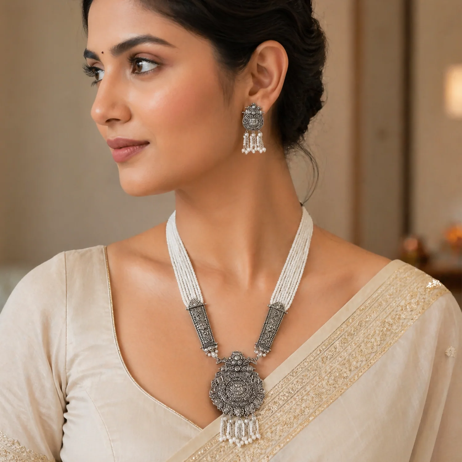 Classic Silver Necklace with Pearl Dangling Earrings for Weddings and Cultural Events - Image 2