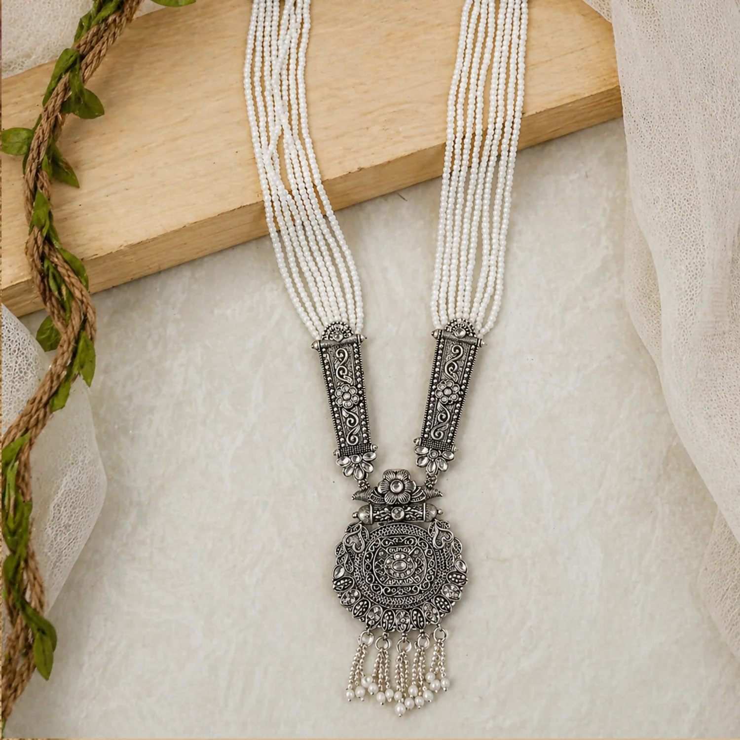 Classic Silver Necklace with Pearl Dangling Earrings for Weddings and Cultural Events - Image 3