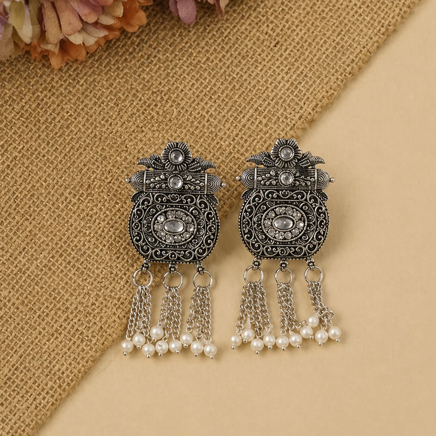 Classic Silver Necklace with Pearl Dangling Earrings for Weddings and Cultural Events - Image 4