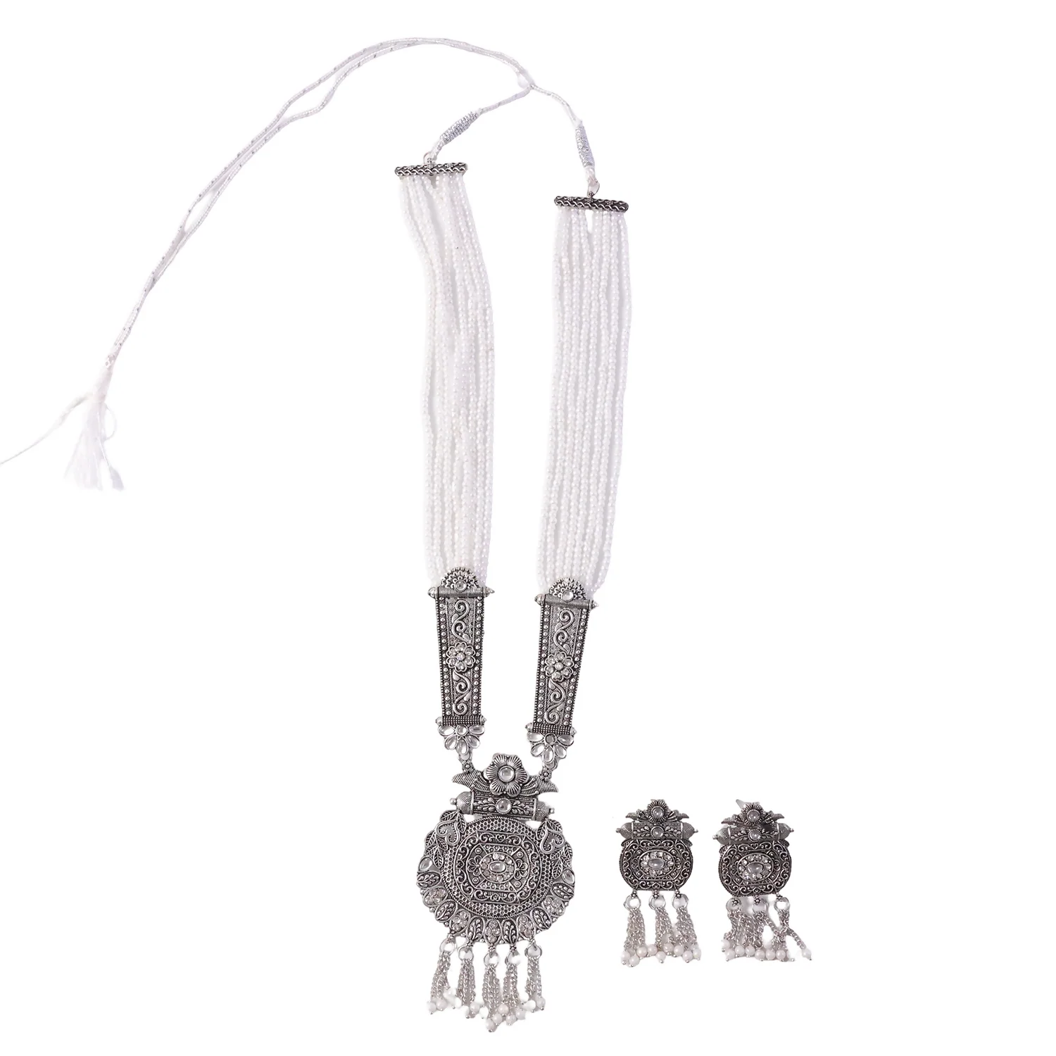Classic Silver Necklace with Pearl Dangling Earrings for Weddings and Cultural Events - Image 5