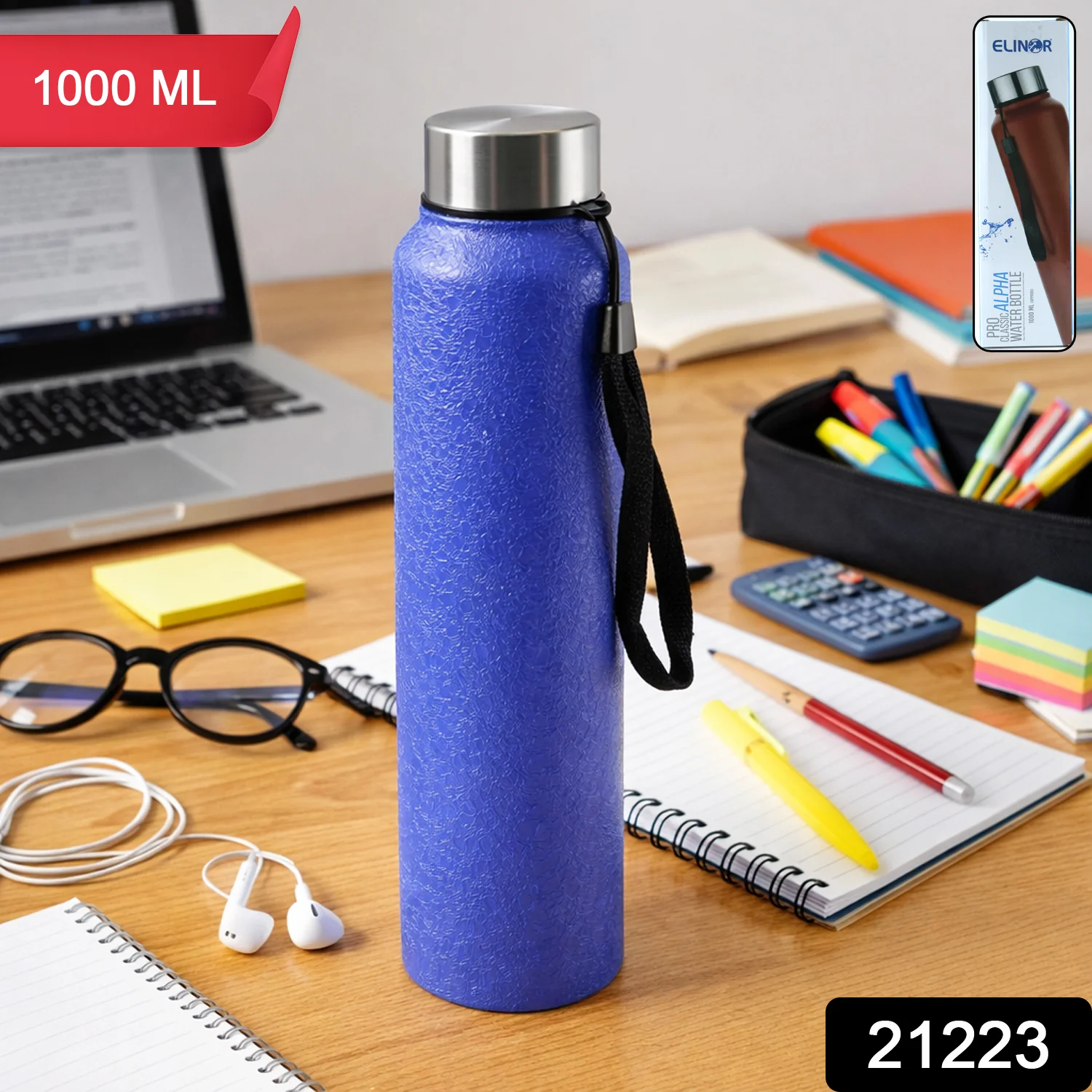 Classic Stainless Steel Water Bottle Blue Color (1000 ML, 1 Pc) - Image 2