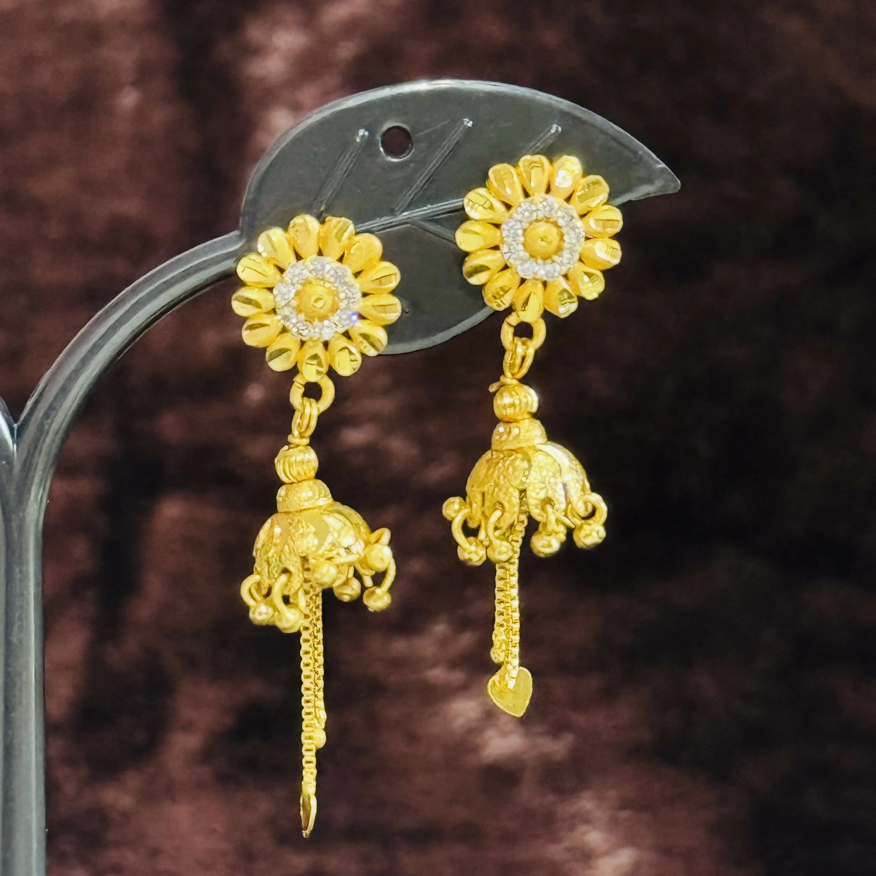Classic Sunflower Shape Jhumka with Dangling Chains - Image 2