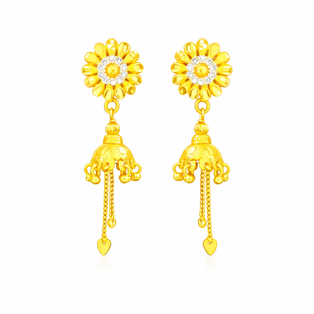Classic Sunflower Shape Jhumka with Dangling Chains - Image 3