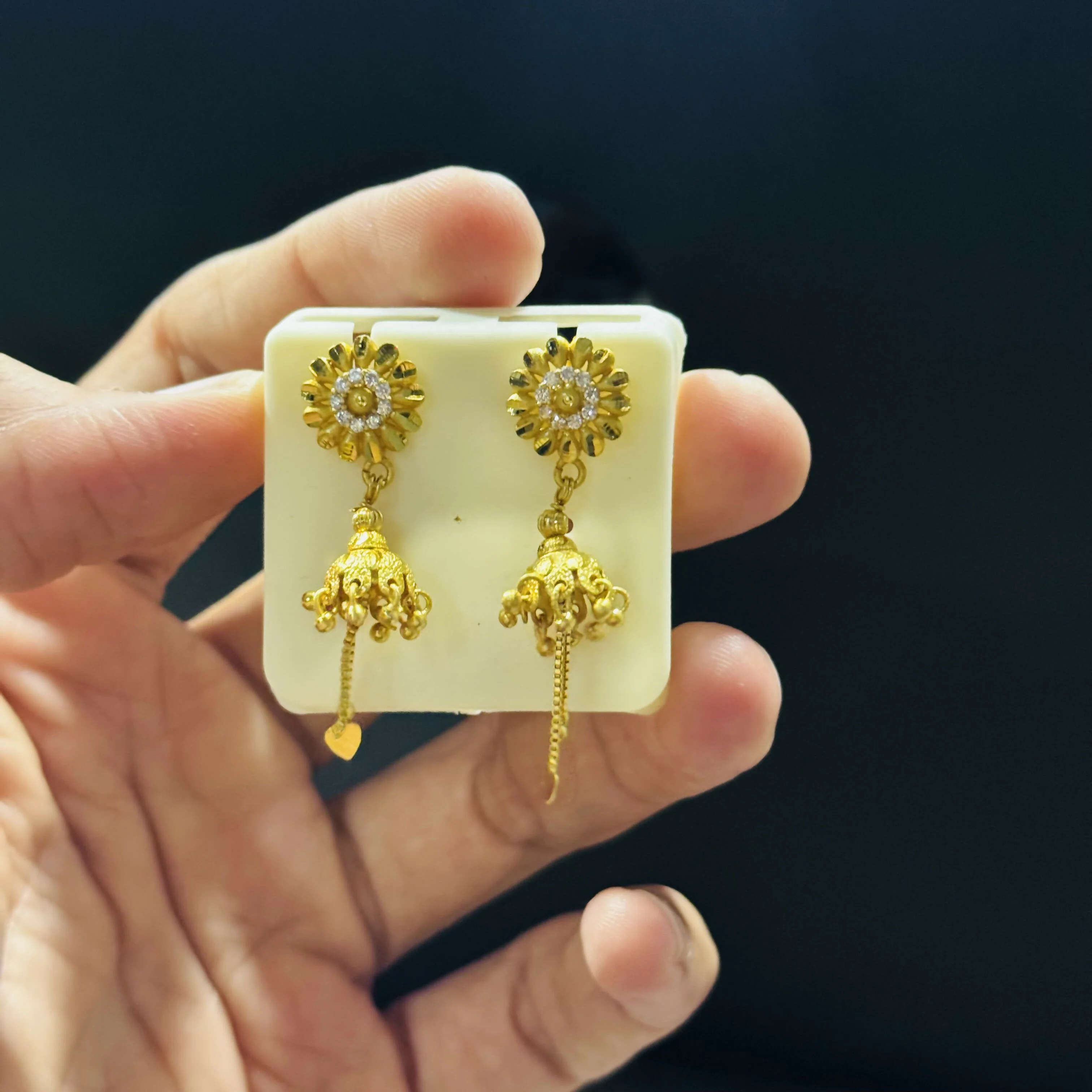Classic Sunflower Shape Jhumka with Dangling Chains - Image 4