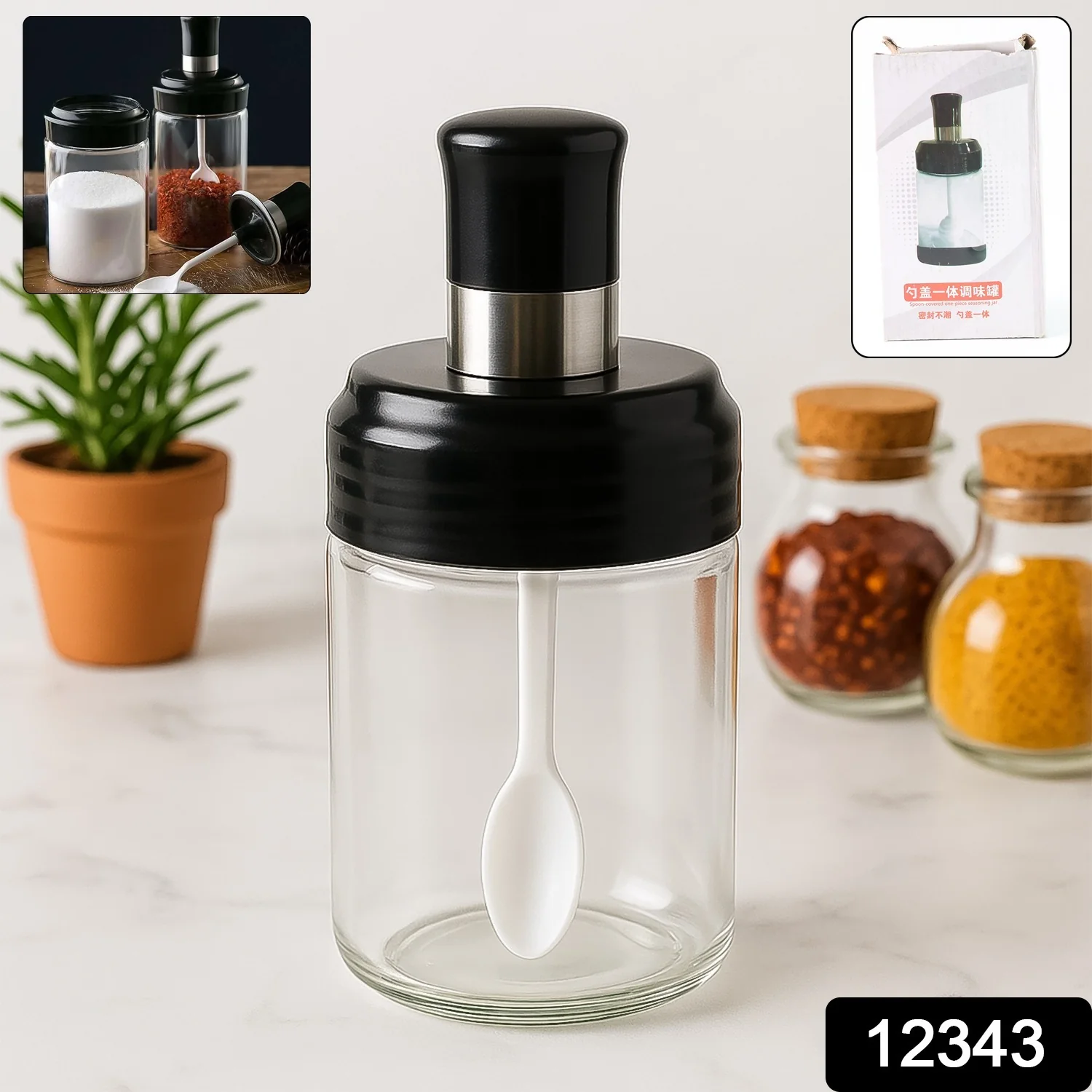 Clear Glass Spice Jar with Integrated Spoon & Airtight Lid (250ml Approx) - Image 2