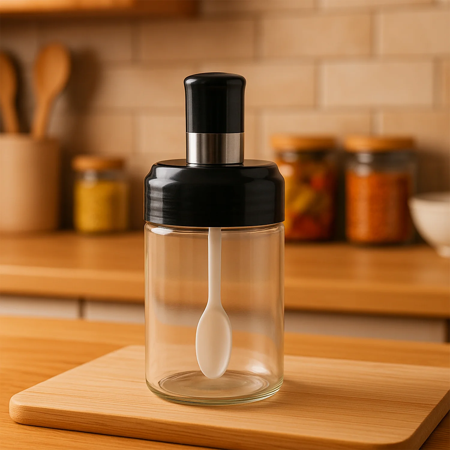 Clear Glass Spice Jar with Integrated Spoon & Airtight Lid (250ml Approx) - Image 3