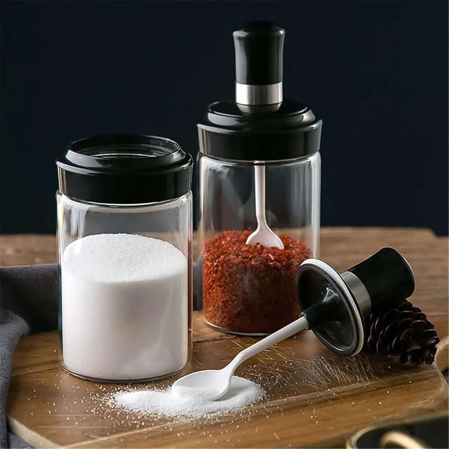 Clear Glass Spice Jar with Integrated Spoon & Airtight Lid (250ml Approx) - Image 6