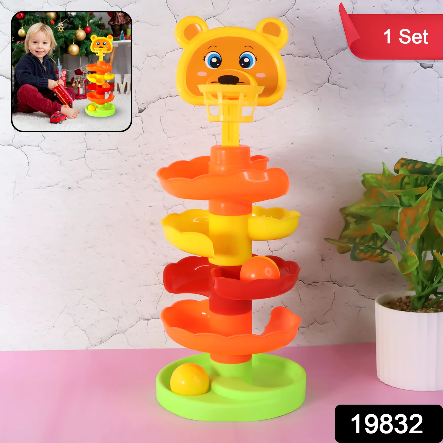 Colorful Bear Face Rolling Ball Drop Tower Toy Set - Image 2