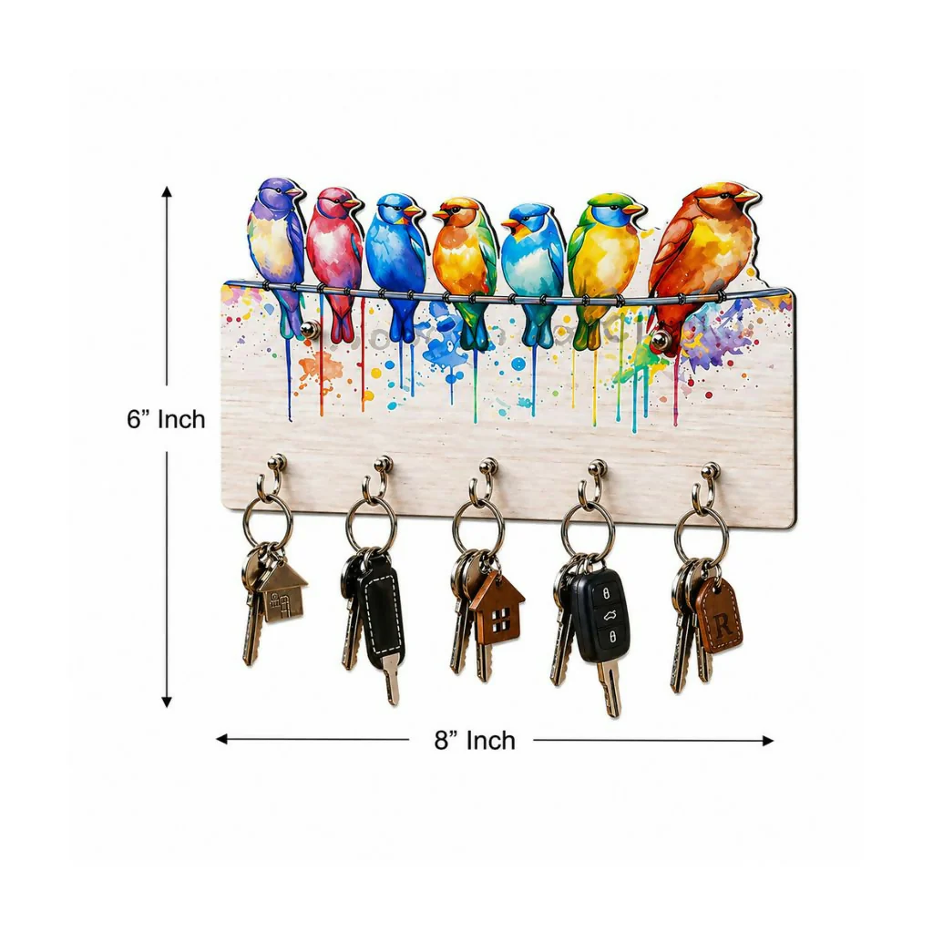 Colorful Bird Design Wooden Key Holder with 5 Hooks for Wall 8x6 inch - Image 3