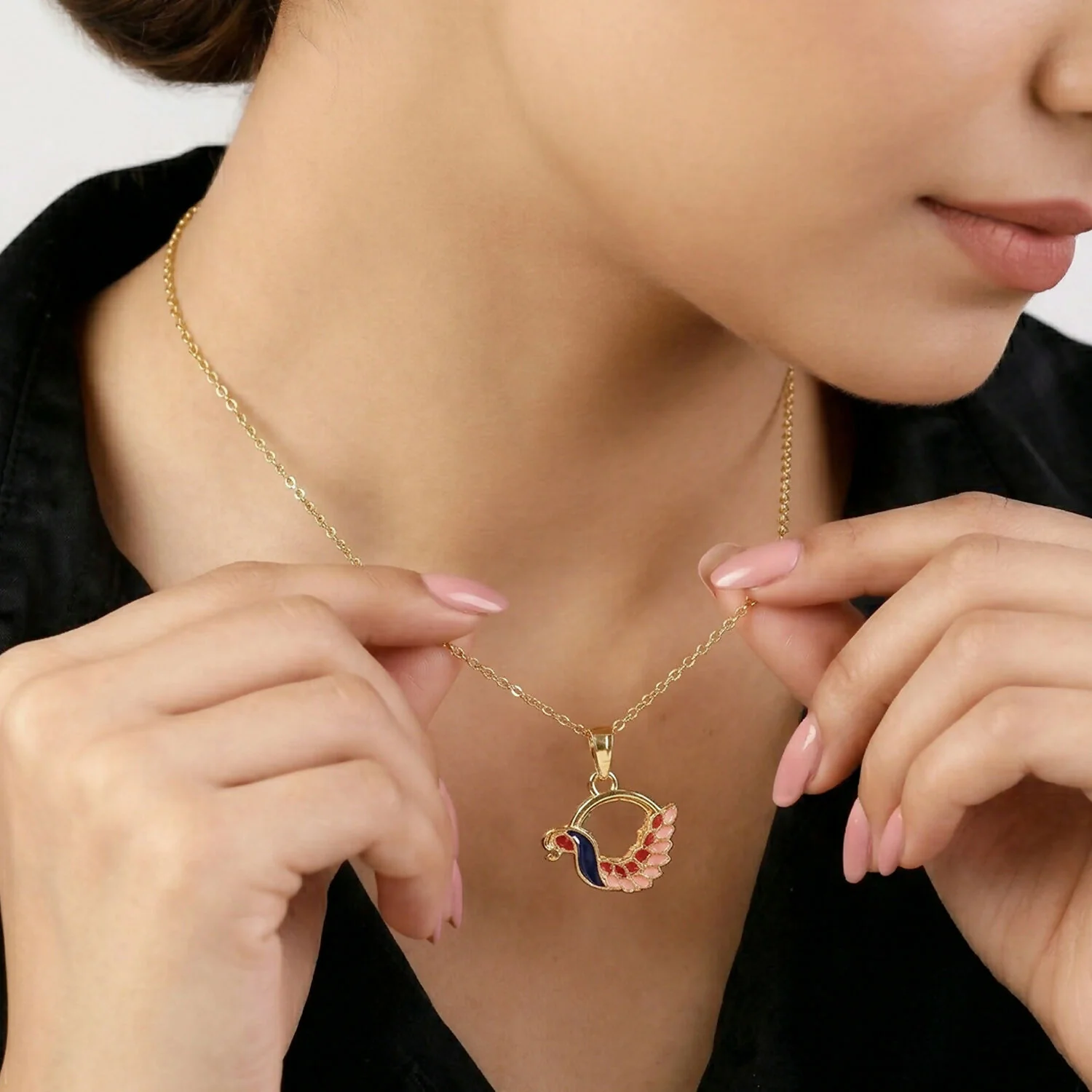 Colorful Enamel Swan Pendant Necklace on Gold Chain - Image 3