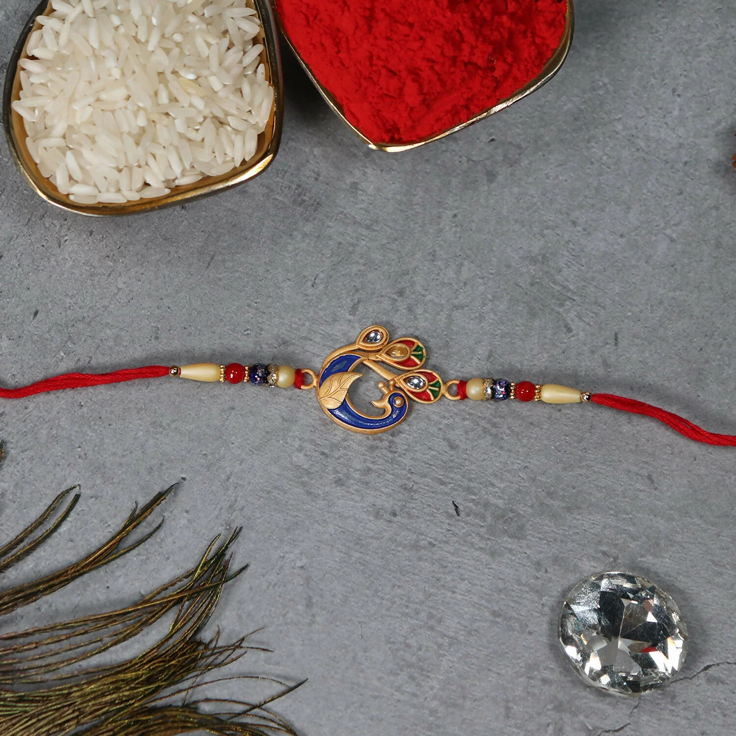 Colorful Peacock Design Rakhi with Meenakari Work and Beaded Thread - Image 2