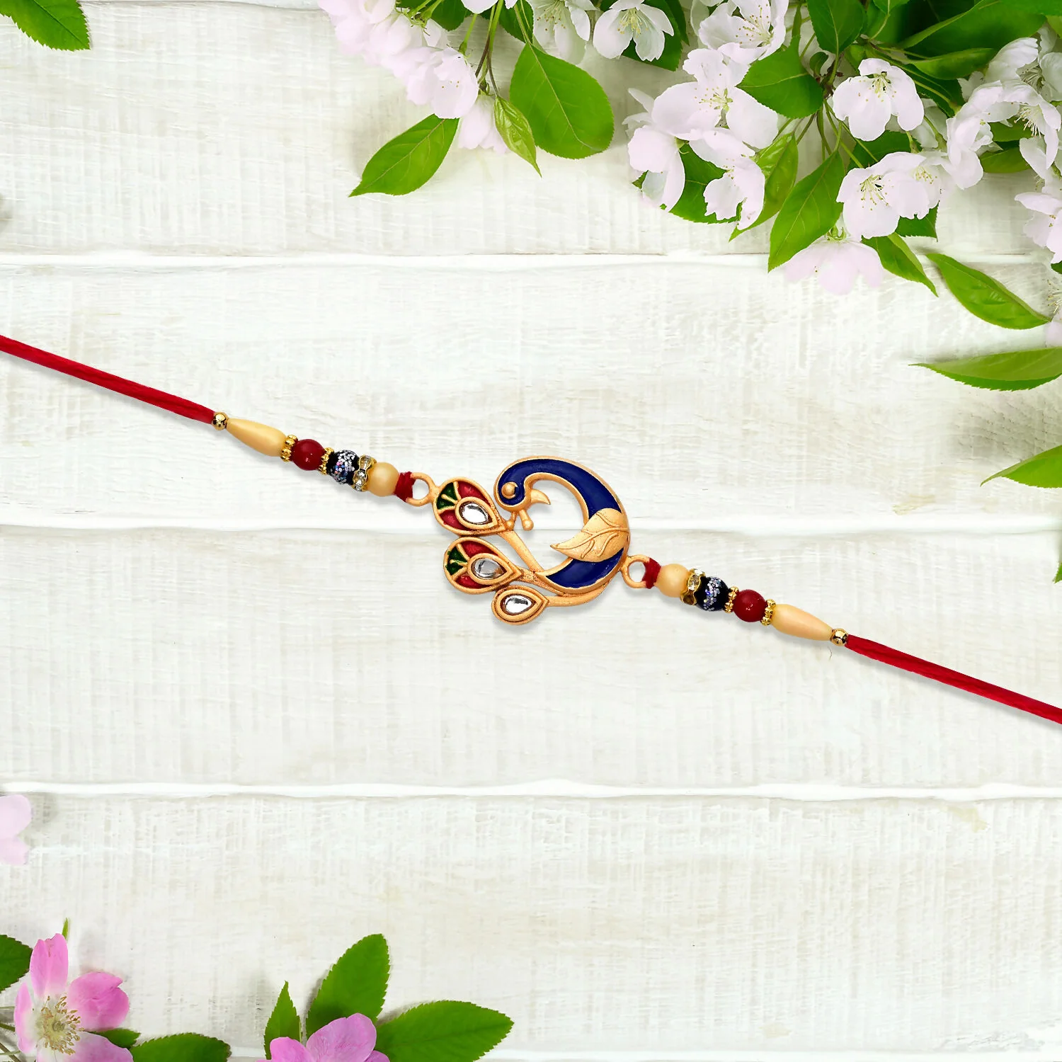 Colorful Peacock Design Rakhi with Meenakari Work and Beaded Thread - Image 3