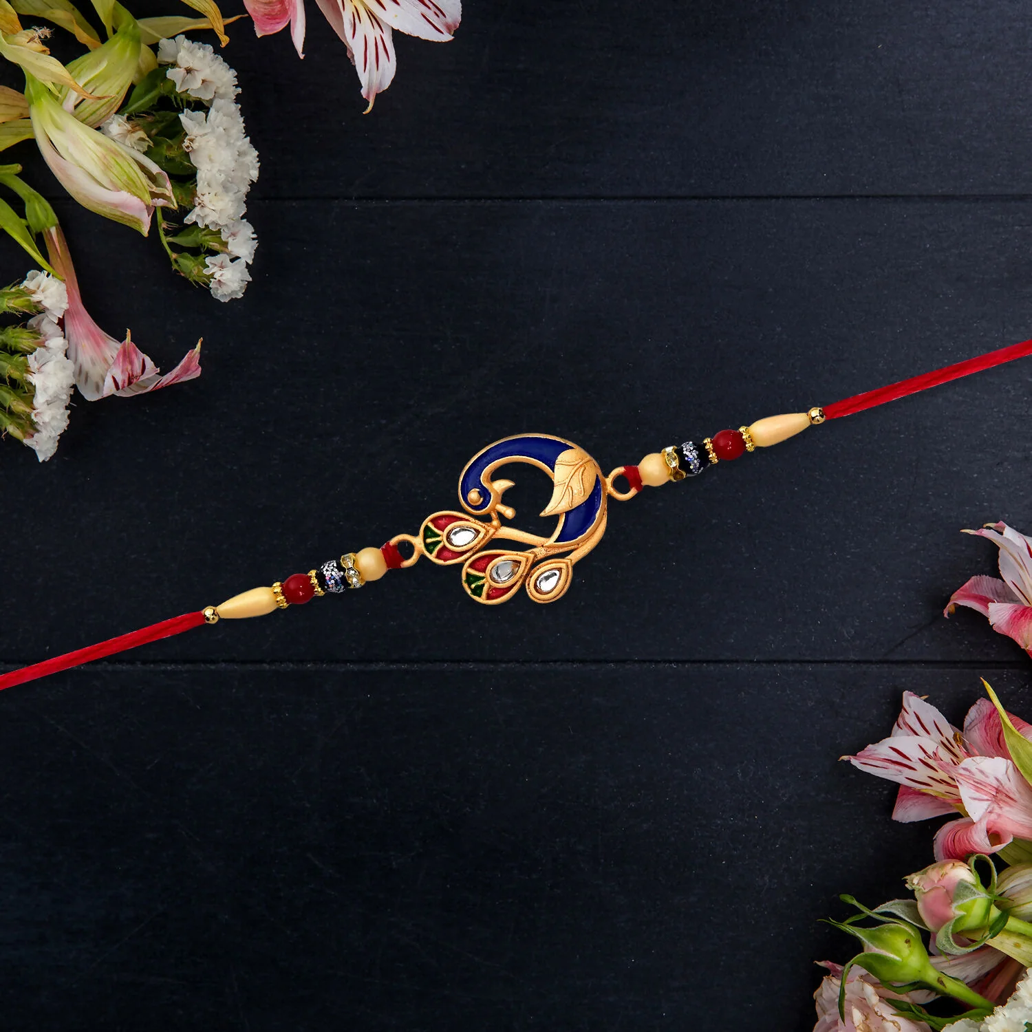 Colorful Peacock Design Rakhi with Meenakari Work and Beaded Thread - Image 4