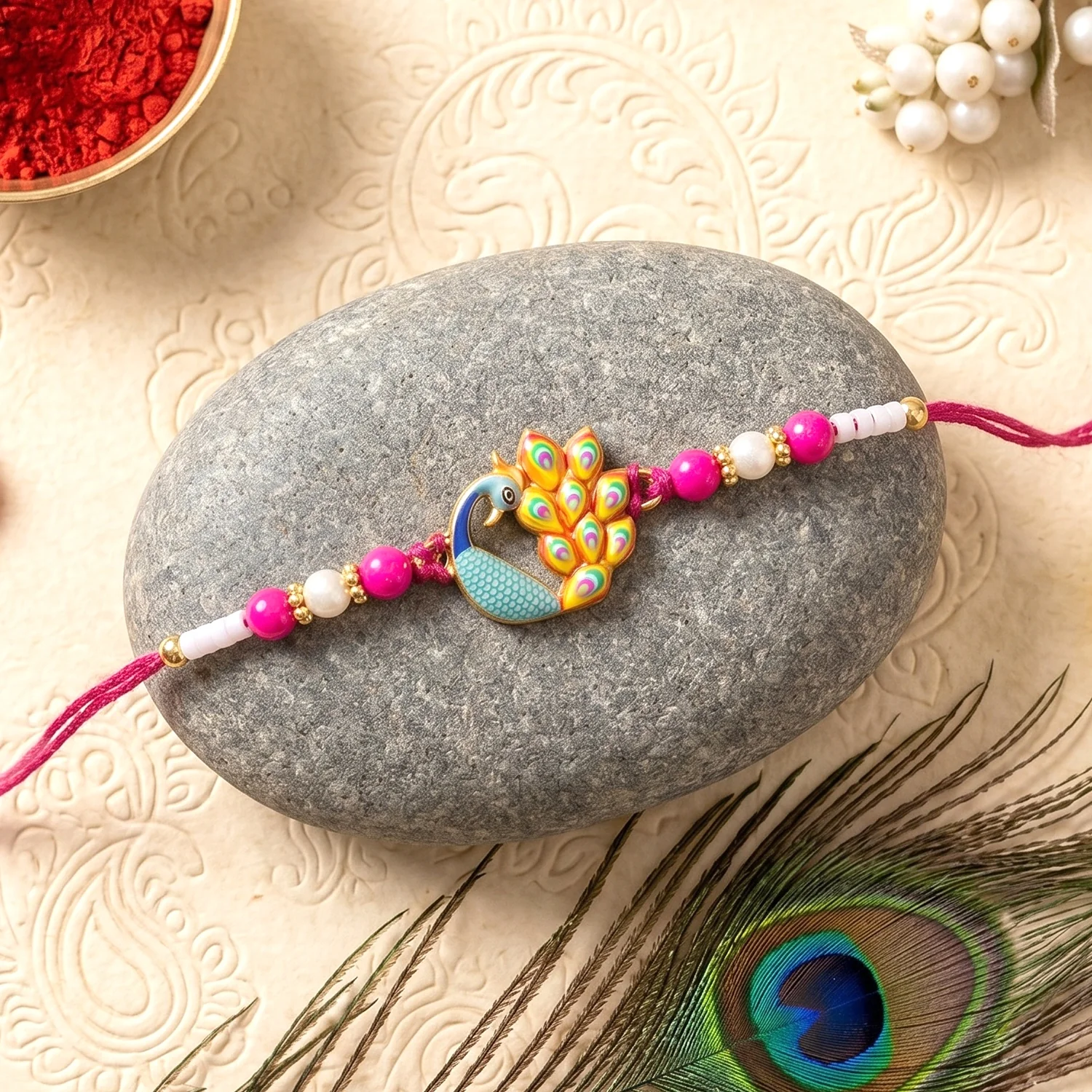 Colorful Peacock Meenakari Designer Rakhi - Image 3