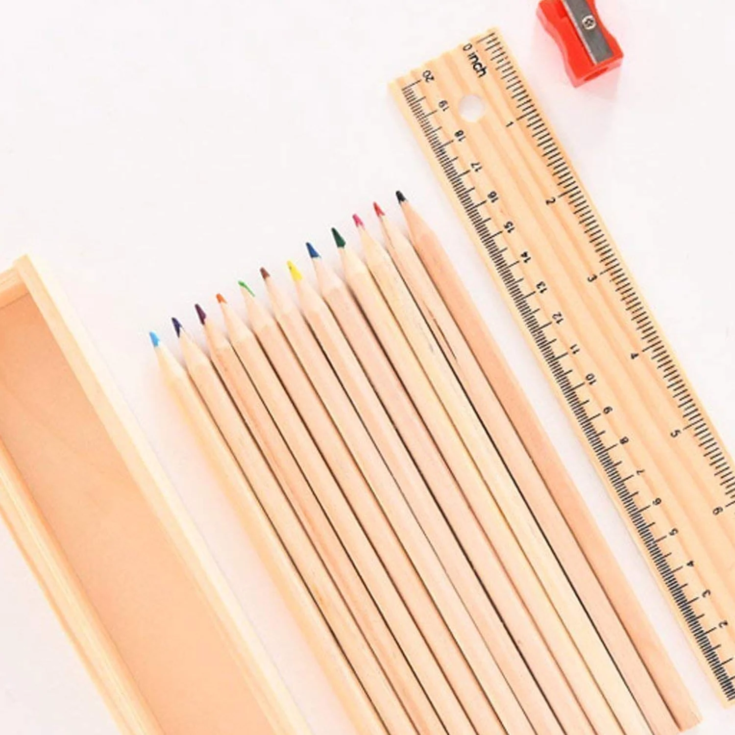 Colorful Wooden Pencil Set with Pencil box, Ruler, Sharpener (12 Pcs Set) - Image 9