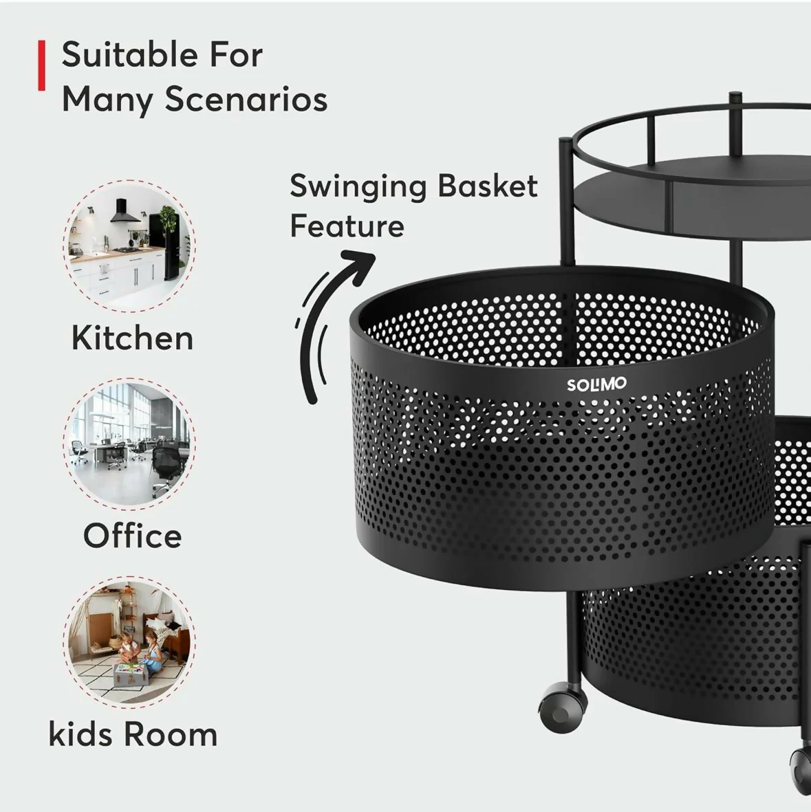 Compact Round 2-Layer Kitchen Trolley with Ventilated Mesh Baskets & Four Swivel Wheels - Image 2