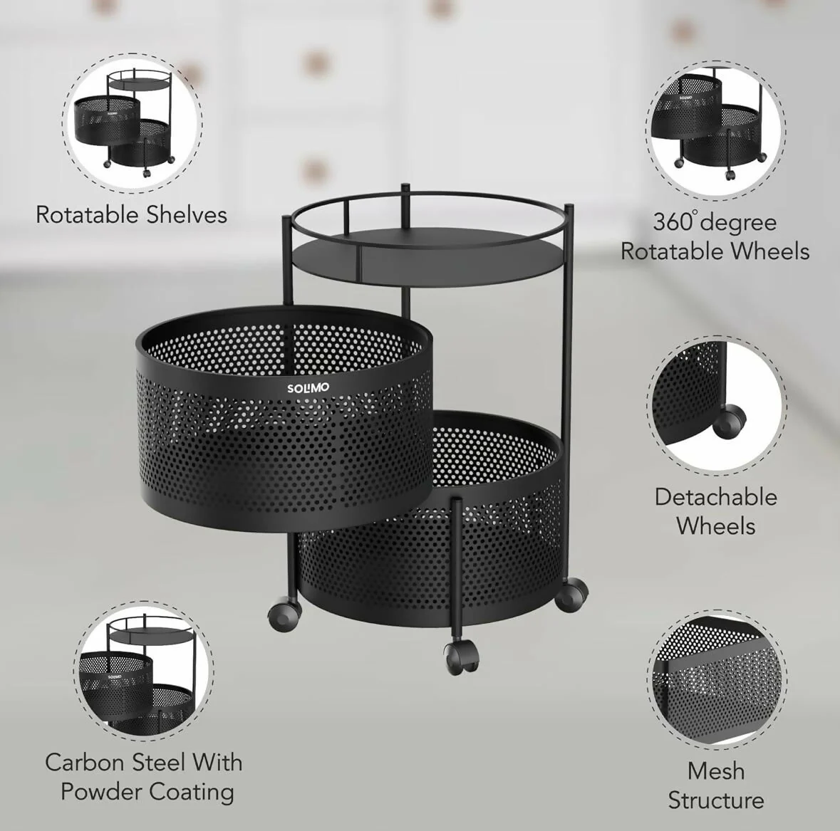 Compact Round 2-Layer Kitchen Trolley with Ventilated Mesh Baskets & Four Swivel Wheels - Image 3