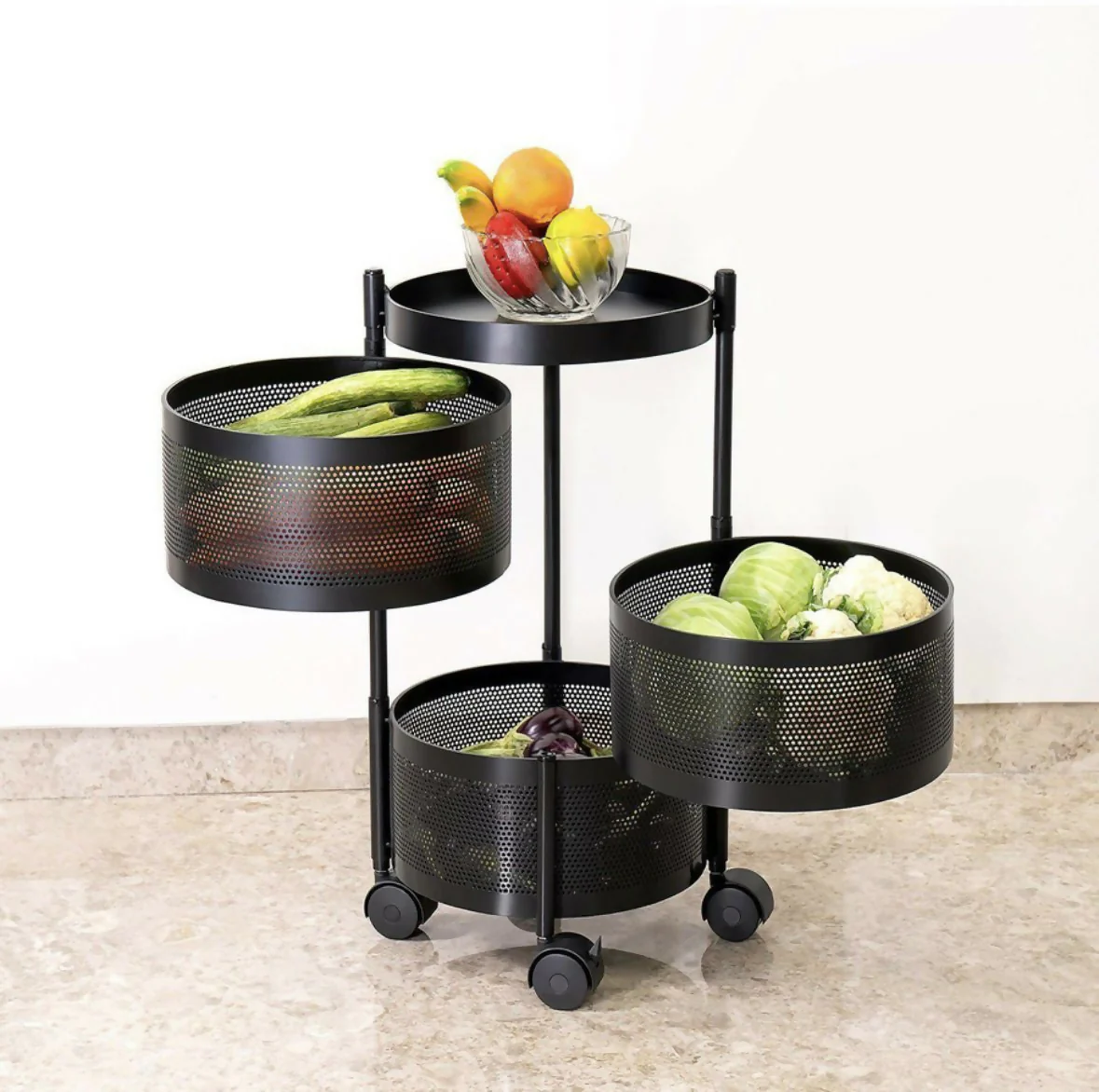 Compact Round 3-Layer Kitchen Trolley with Ventilated Mesh Baskets & 360° Swivel Wheels - Image 2
