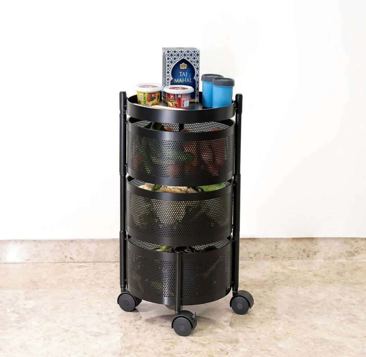 Compact Round 3-Layer Kitchen Trolley with Ventilated Mesh Baskets & 360° Swivel Wheels - Image 3