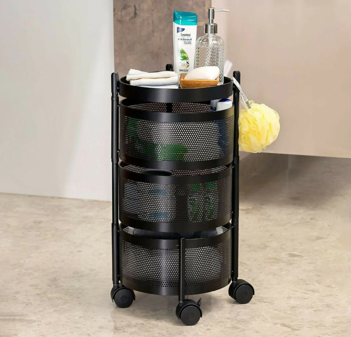 Compact Round 3-Layer Kitchen Trolley with Ventilated Mesh Baskets & 360° Swivel Wheels - Image 4